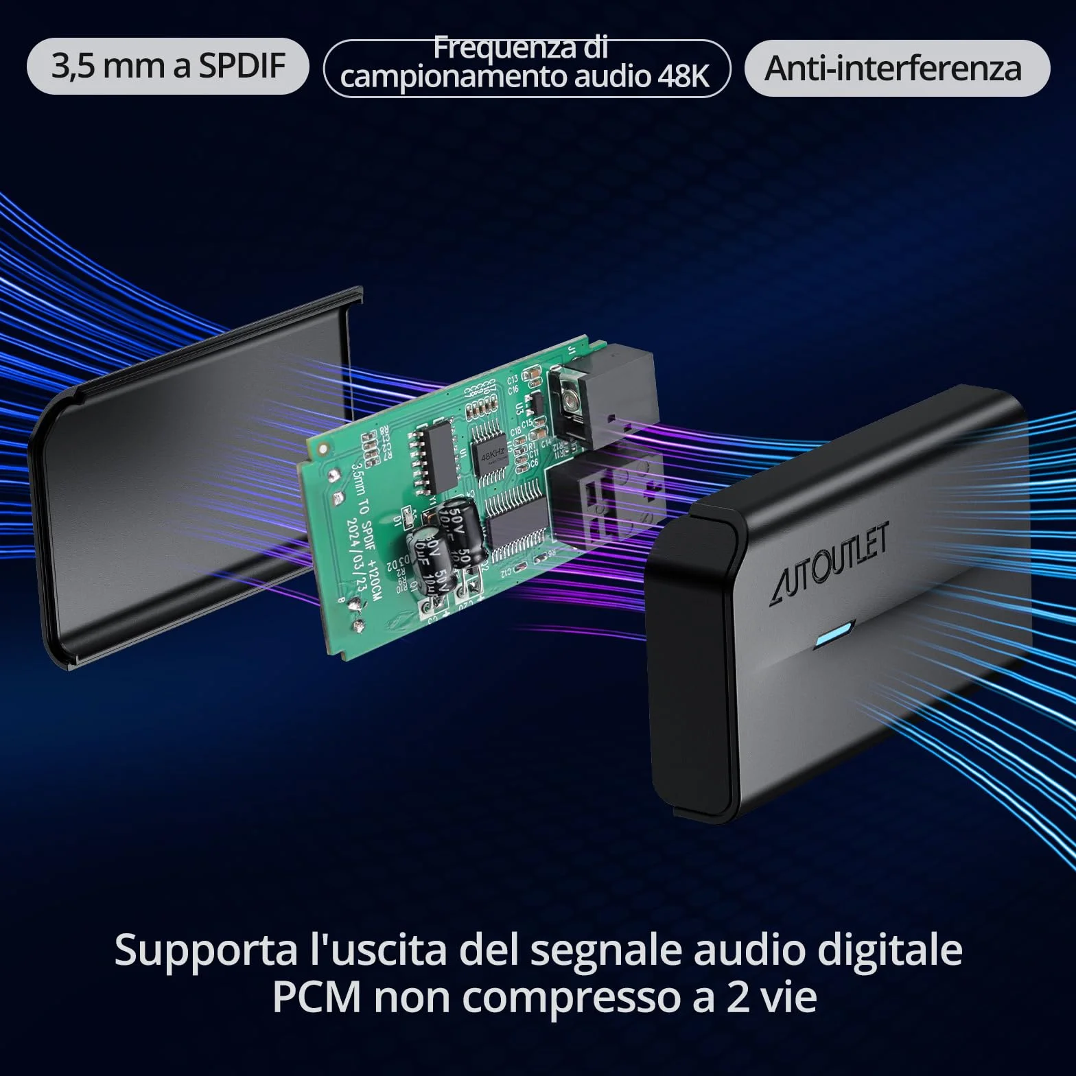 AUTOUTLET Convertitore Audio Analogico Digitale 3,5 mm a Toslink SPDIF con Cavo Audio 3,5 mm e Cavo Ottico 1m per TV Computer