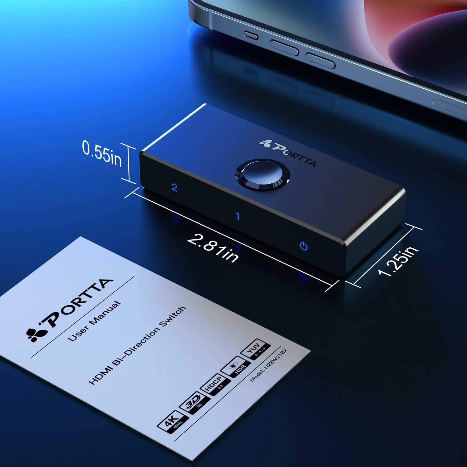 Portta Switch HDMI 4K 60Hz Biidirezionale Slitter 1 in 2 OUT Switcher 2 in 1 Out Hub HDR HDCP2.3 3D