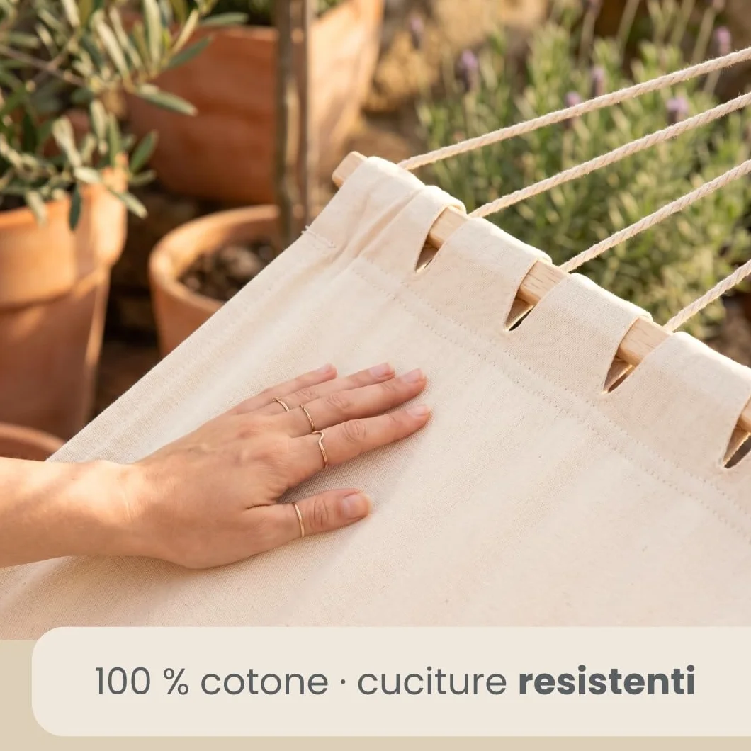 Amaca XXL 200x120 cm Beige Dondolo Doppio 2 Persone 150kg Cotone Robusto Esterno Interno Balcone Giardino