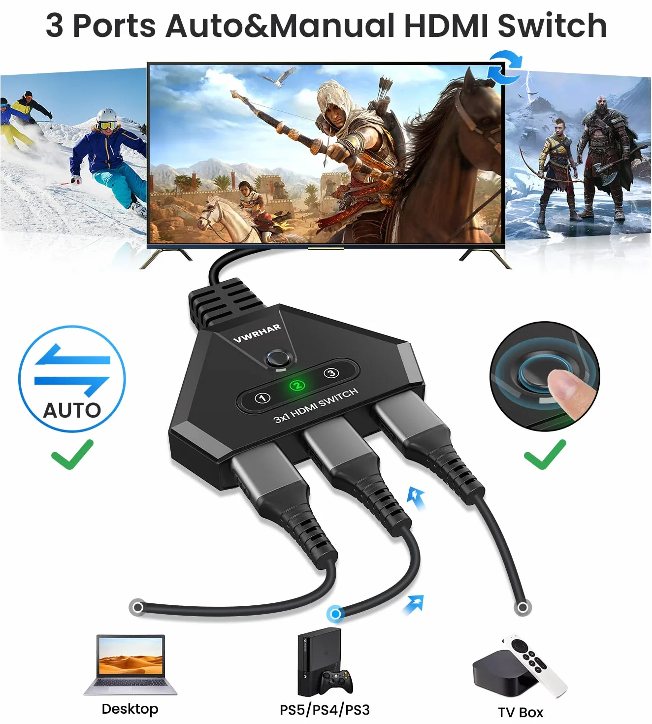 Splitter HDMI 4K 3 porte con cavo ad alta velocità per Xbox PS3 PS4 PS5 Sky Box Apple TV