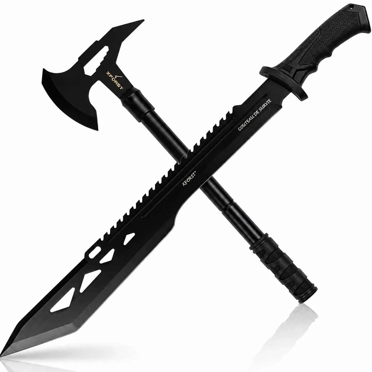 Xforst Ascia Accetta + Coltello 64,5 cm da giardino outdoor di alta qualità, Impugnatura in plastica e fodero in tessuto Oxford