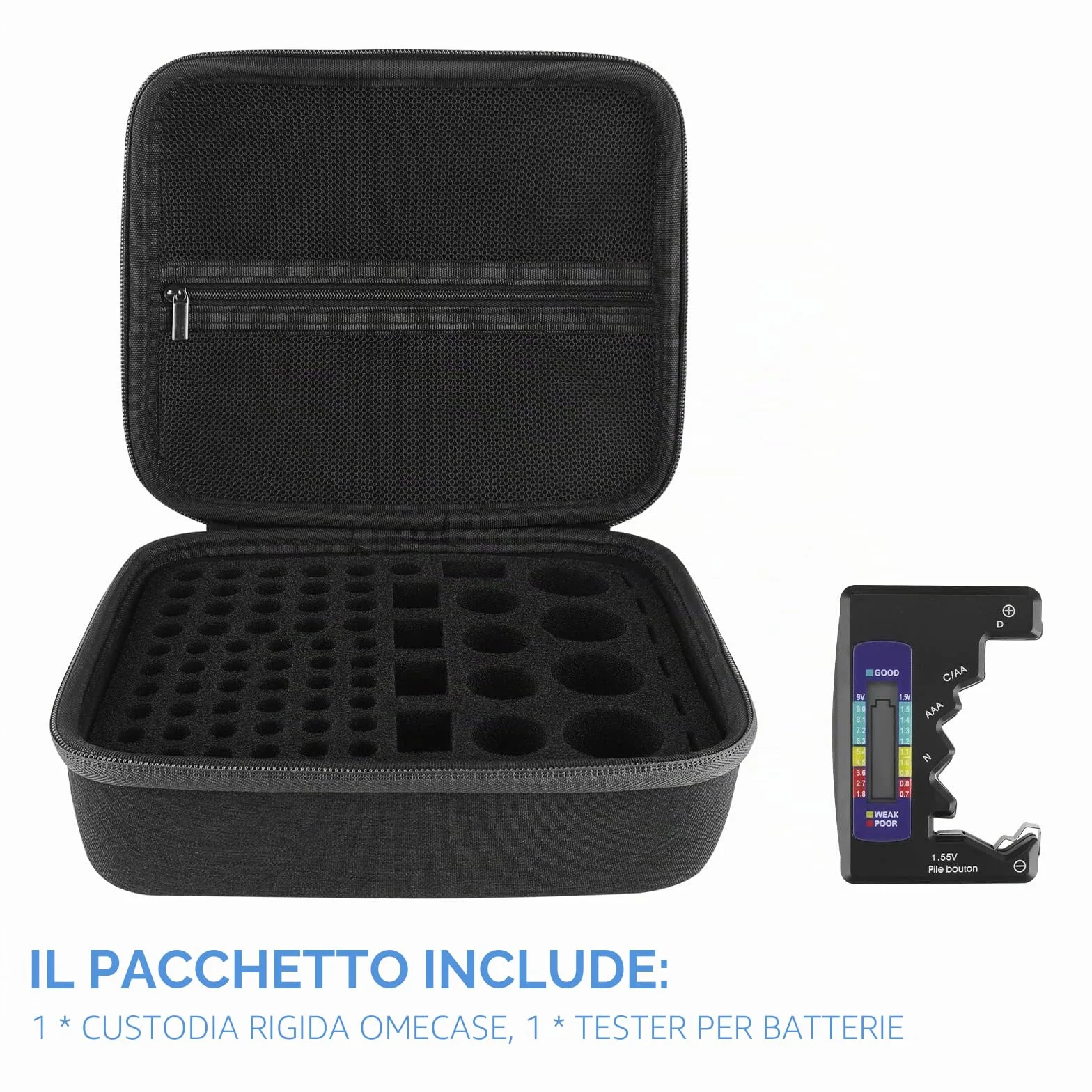 Linkidea Contenitore Rigido per Batteria, Scatola Organizer con Tester BT-168, Custodia per 76 Batterie AA AAA 9V C D
