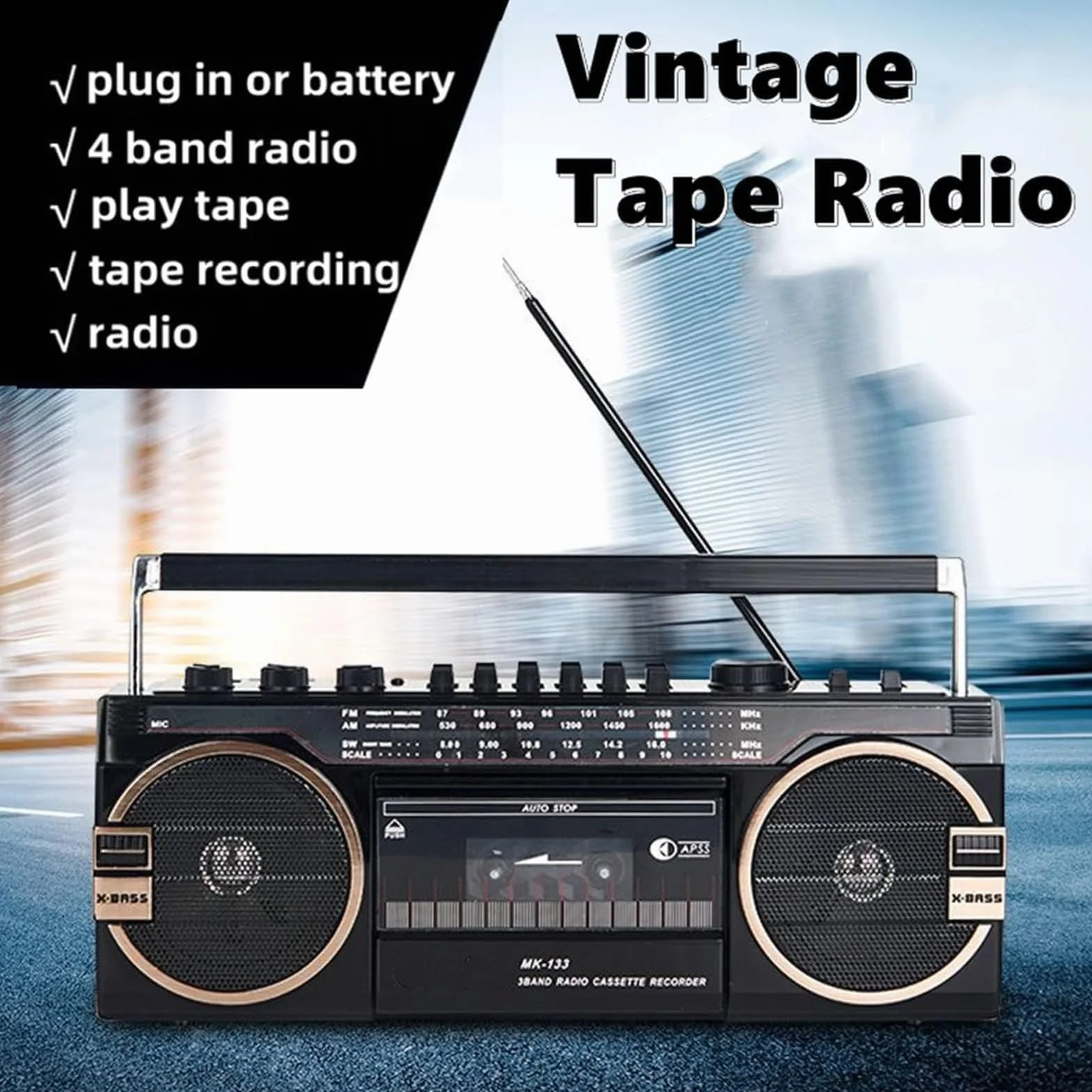 Lettore CD classico retrò registratore portatile Bluetooth cassette radio AM/FM manopole volume