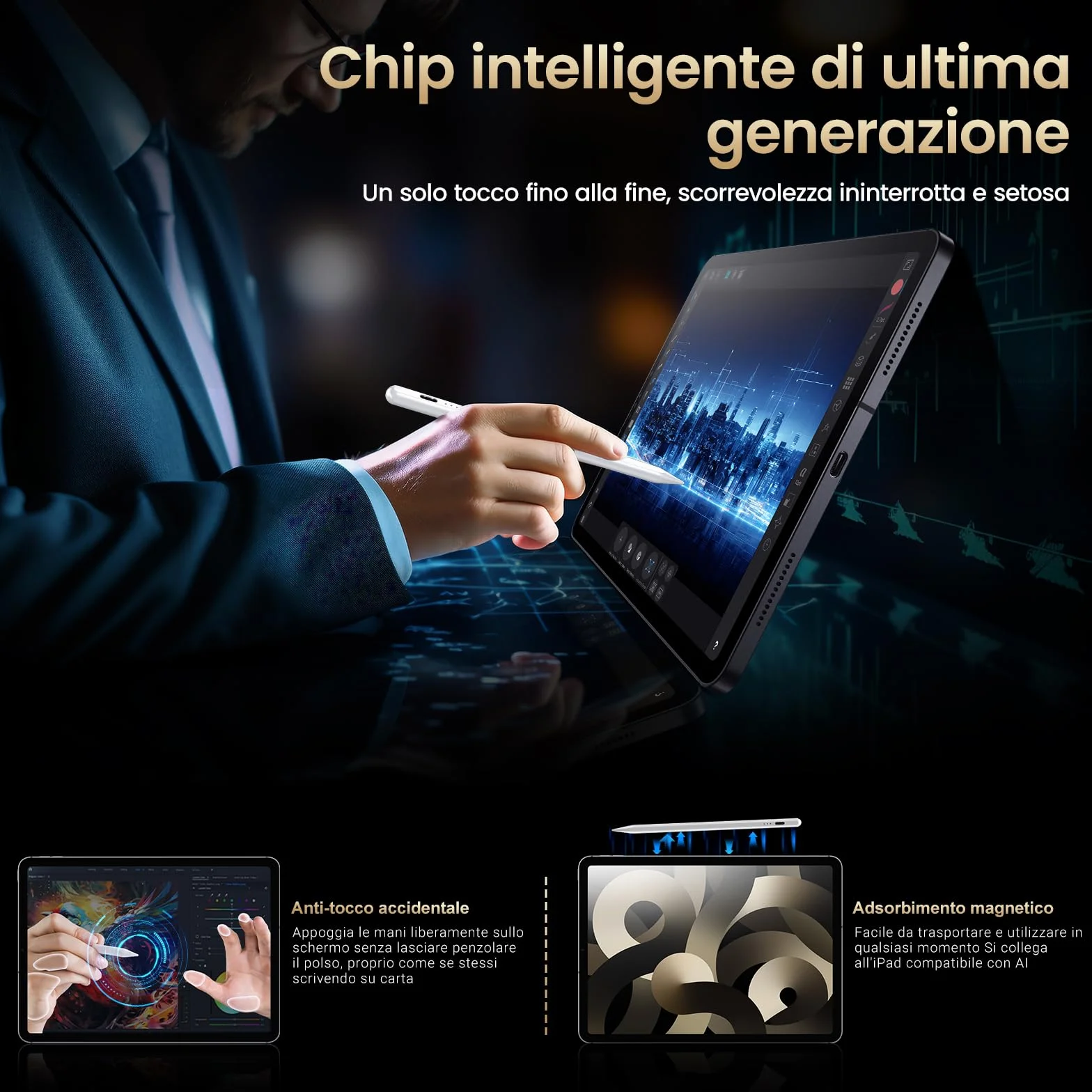BAZO Penna iPad 2018-2025, Palm Rejection, Ricarica Rapida, Sensibilità Inclinazione per iPad 11 A16/10/9/8/7/6, Pro 11/12.9, Air 5/4/3/M2/M3/M4/M5, Mini 5/6