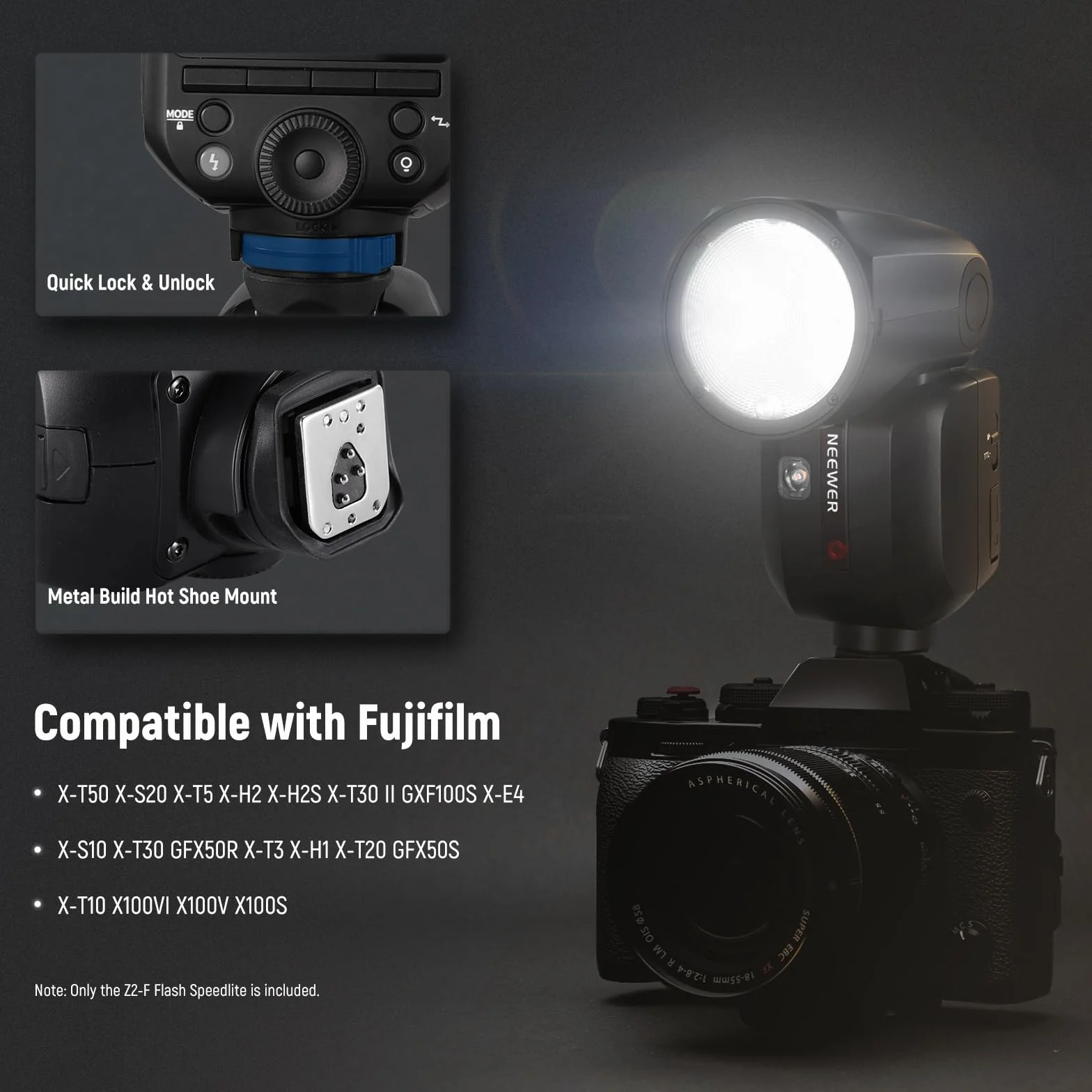 NEEWER Z2-F 2.4G TTL Camera Flash Speedlite Rotonda per Fujifilm, 76Ws HSS 1/8000s, Batteria 7.2V/3000mAh