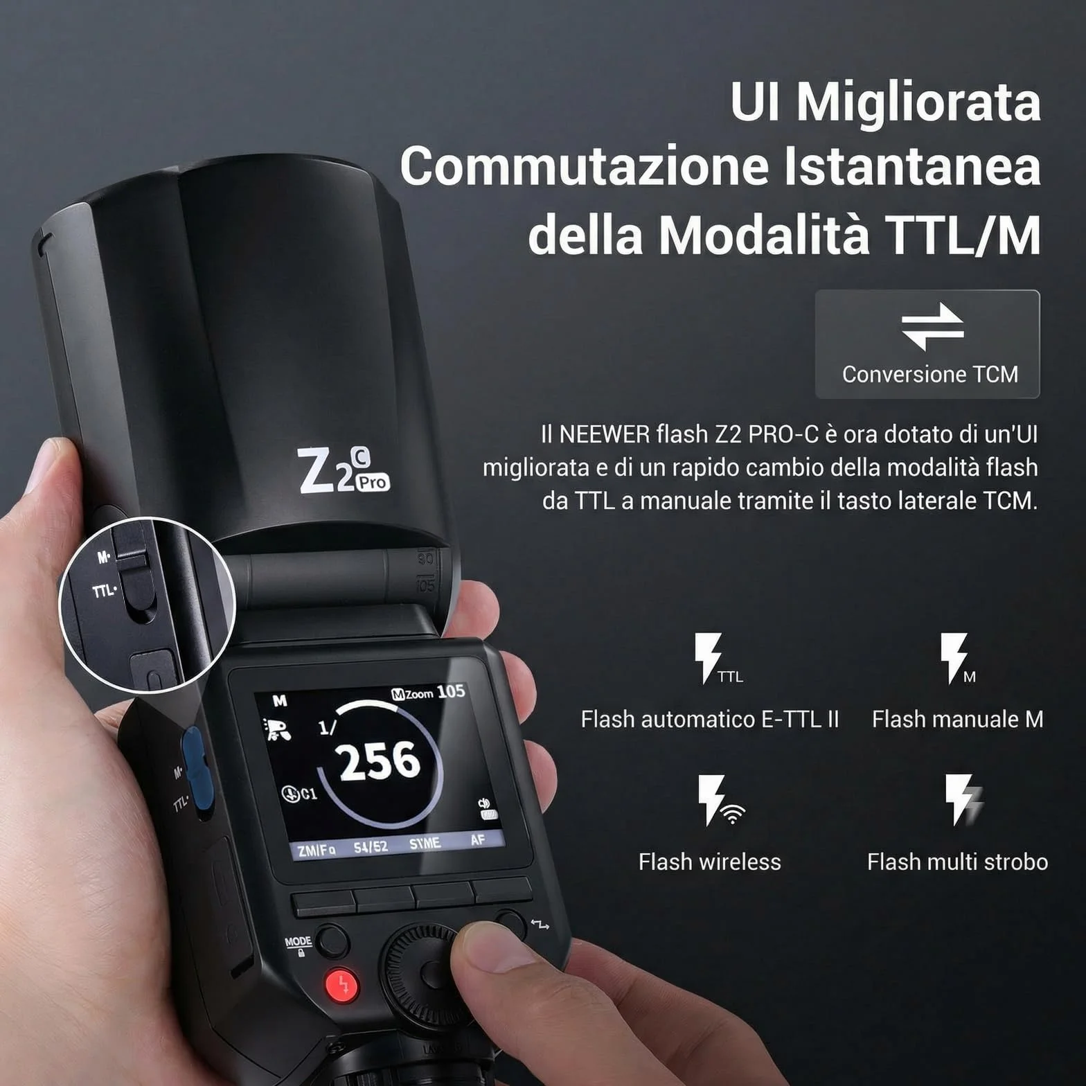 NEEWER Z2PRO-C Flash Speedlite 2.4G TTL 76Ws 1/8000s HSS Testa Rotonda Compatibile Canon