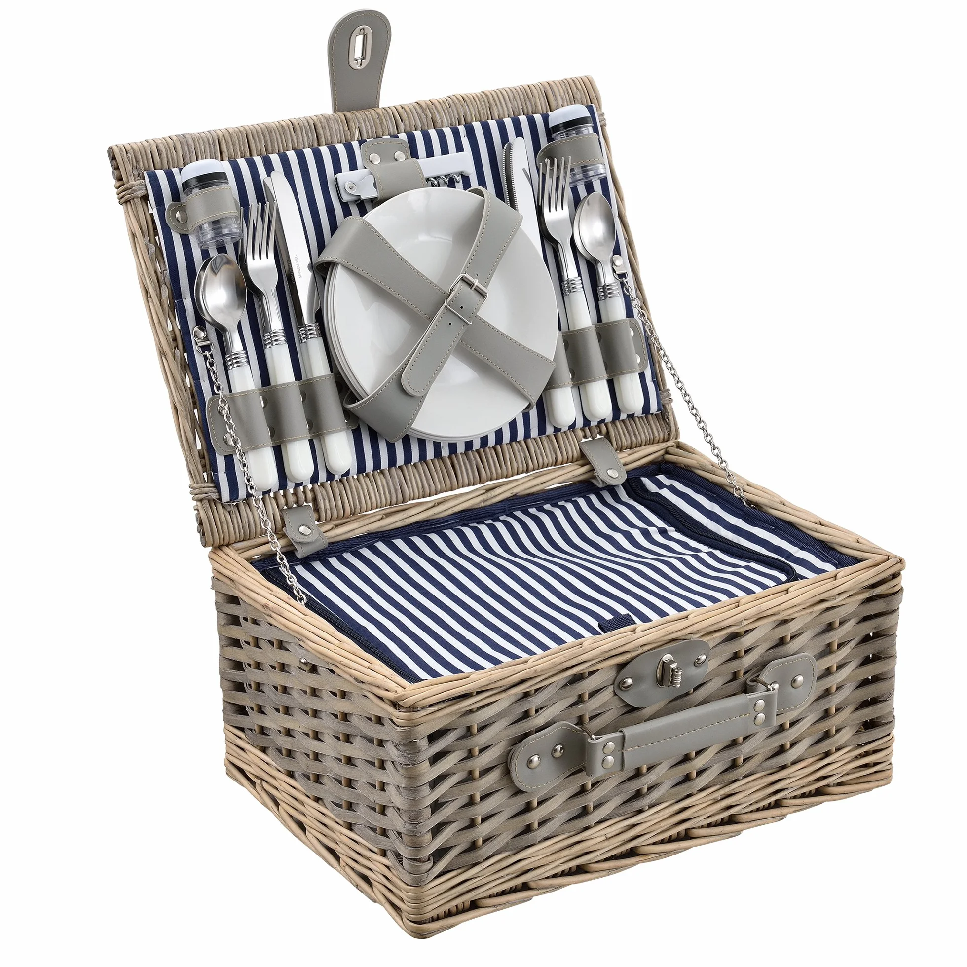 casa.pro Cestino da Picnic per 4 Persone Valigia Picnic in Rami di Salice Vintage Set Incluso Piatti Posate Bicchieri Borsa Termica Cavatappi Saliera Pepiera - Interno Blu/Bianco