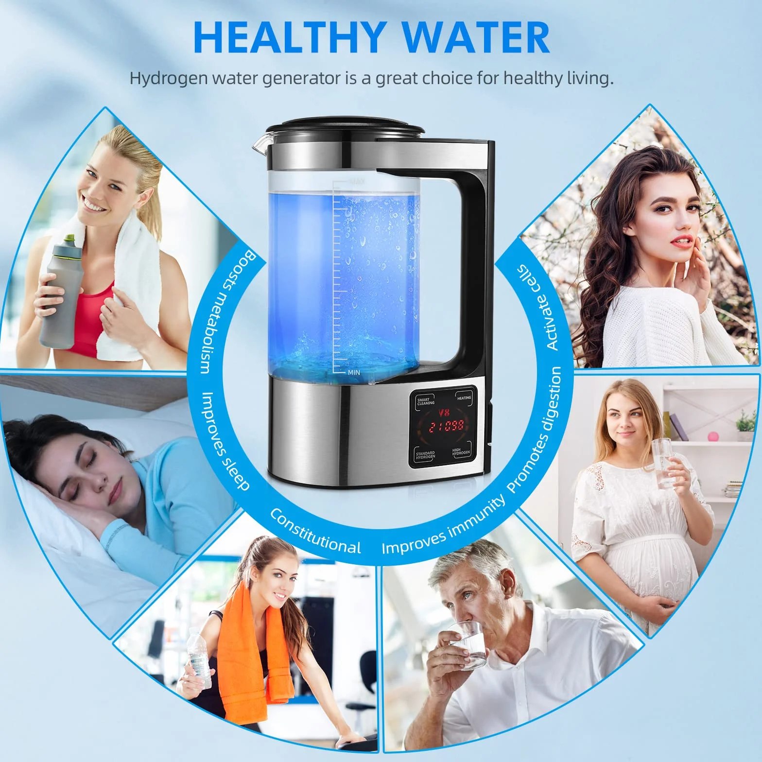 Generatore di acqua a idrogeno 2L con tecnologia SPE e PEM, versione migliorata Generatore di idrogeno ricco di idrogeno con schermo LED touch e termostato Hydrogen Water Lonizer per la casa