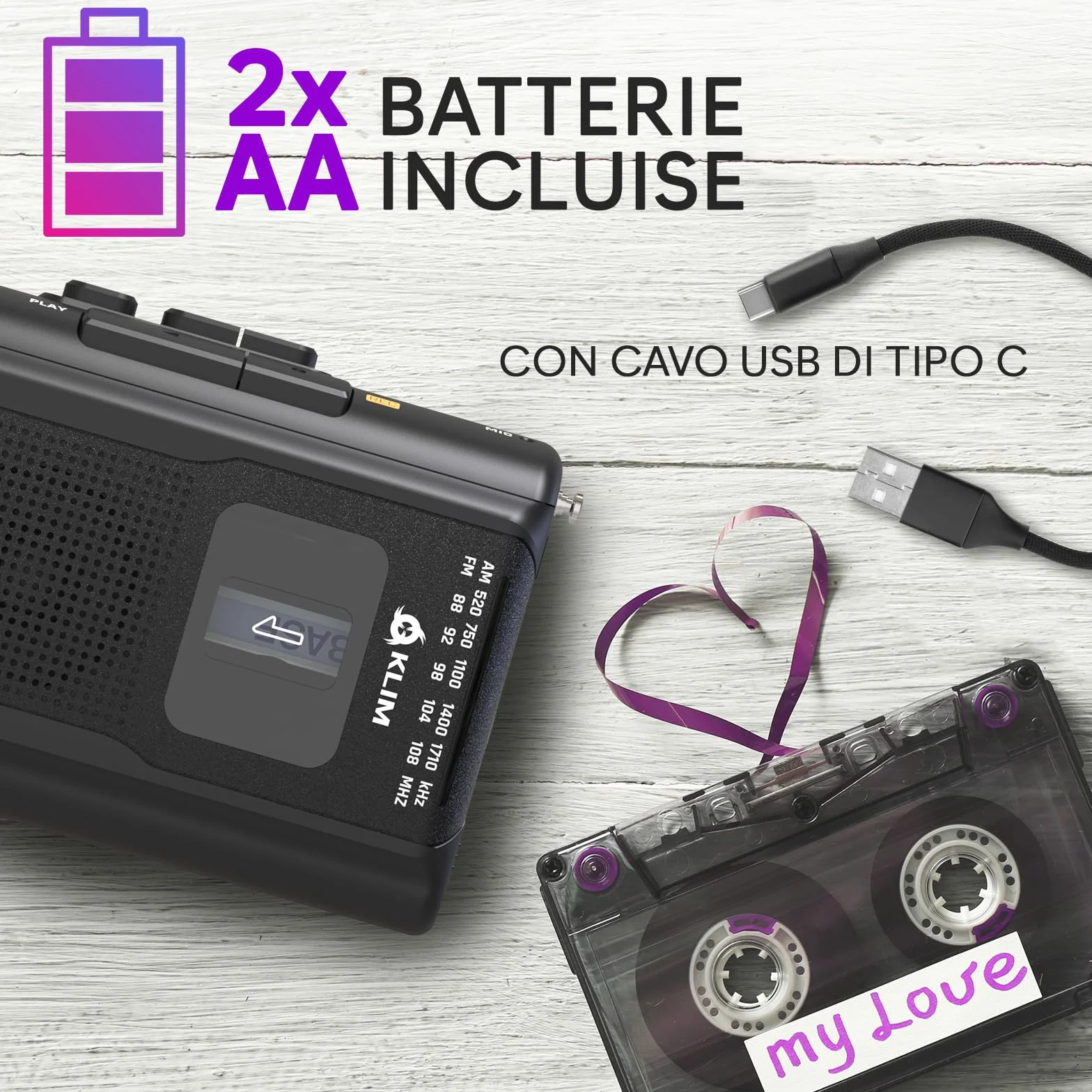 KLIM K8 Lettore Cassette Audio Registratore Cassette Radio AM/FM Microfono Altoparlante Integrato Nero