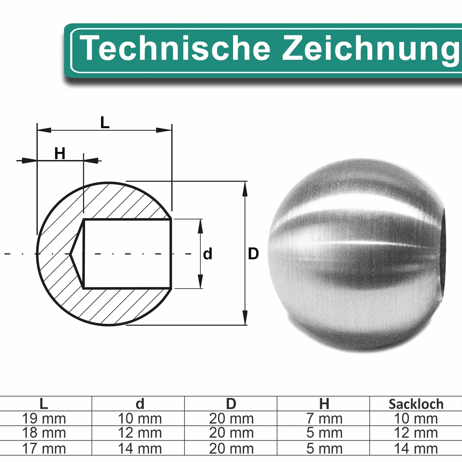 PRIOstahl Sfera decorativa a sfera in acciaio inox, 10 sfere di diametro 20 mm, con foro cieco da 10 mm, per ringhiere, asta rotonda per balcone, scale, pali in acciaio inox V2A