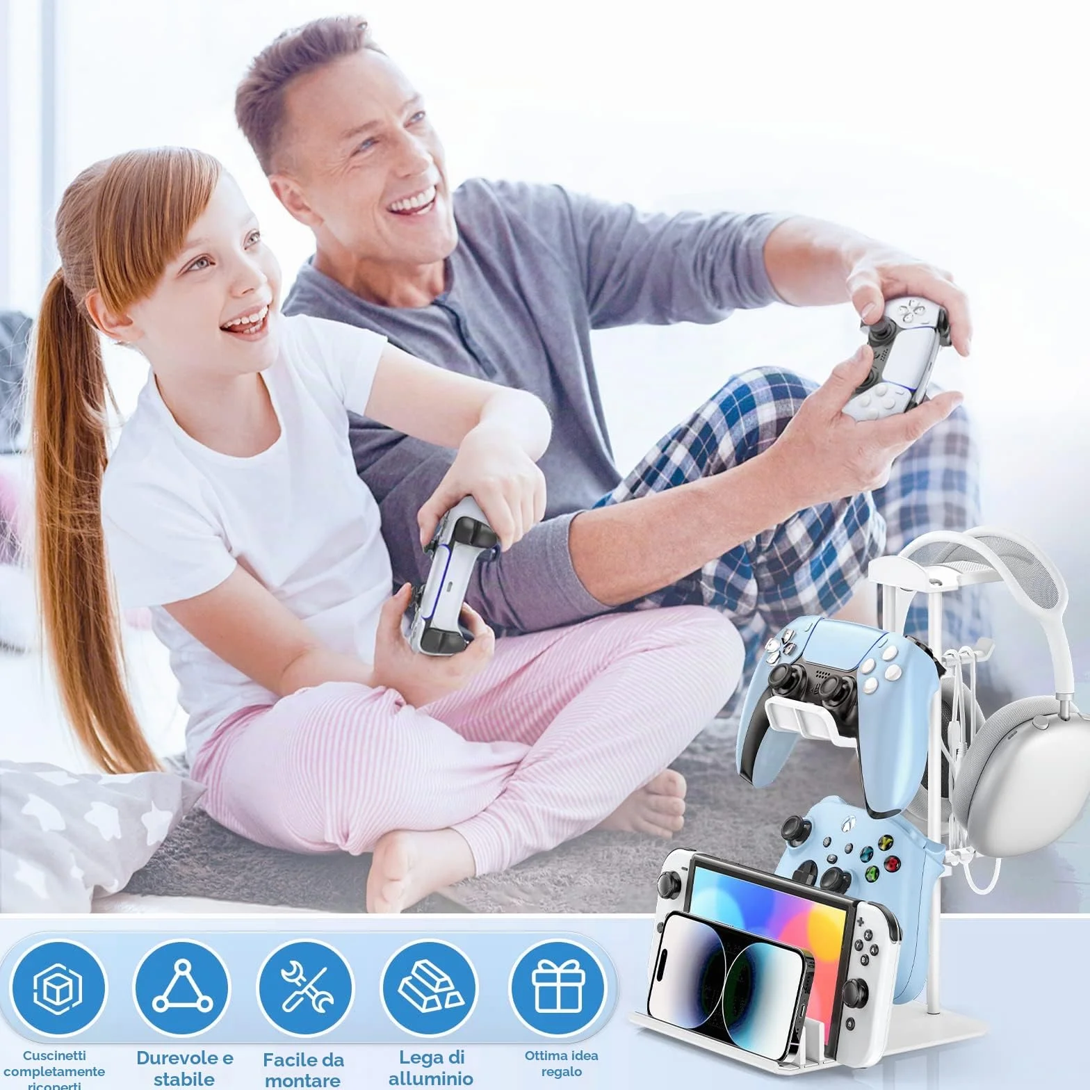 KDD Porta Cuffie Gaming da Scrivania in Alluminio, Stand Supporto Universale per Controller/Switch/iPad/Telefono, Bianco