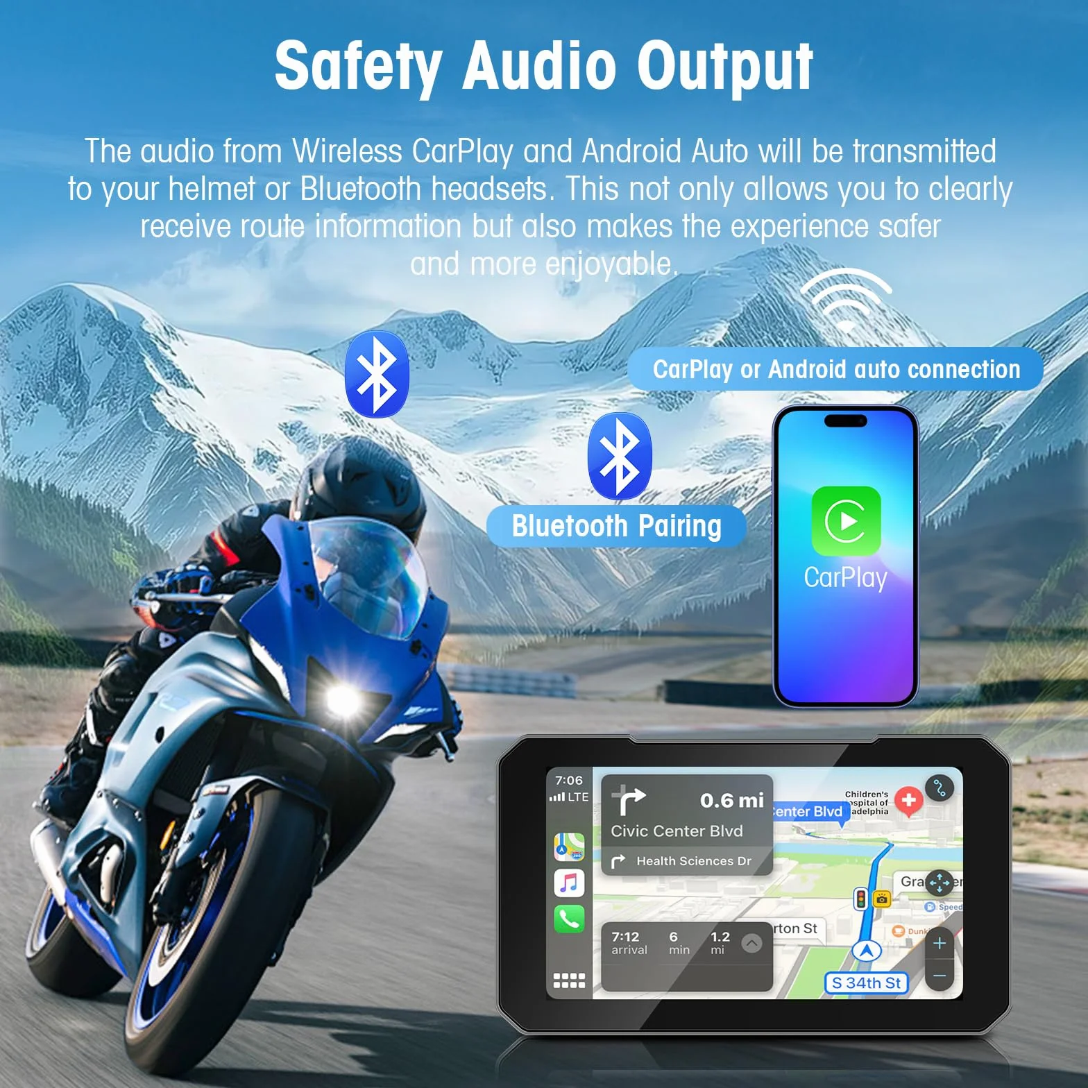 Navigatore Moto Wireless 5 Pollici CarPlay Android Auto GPS Impermeabile IP67 Bluetooth TPMS