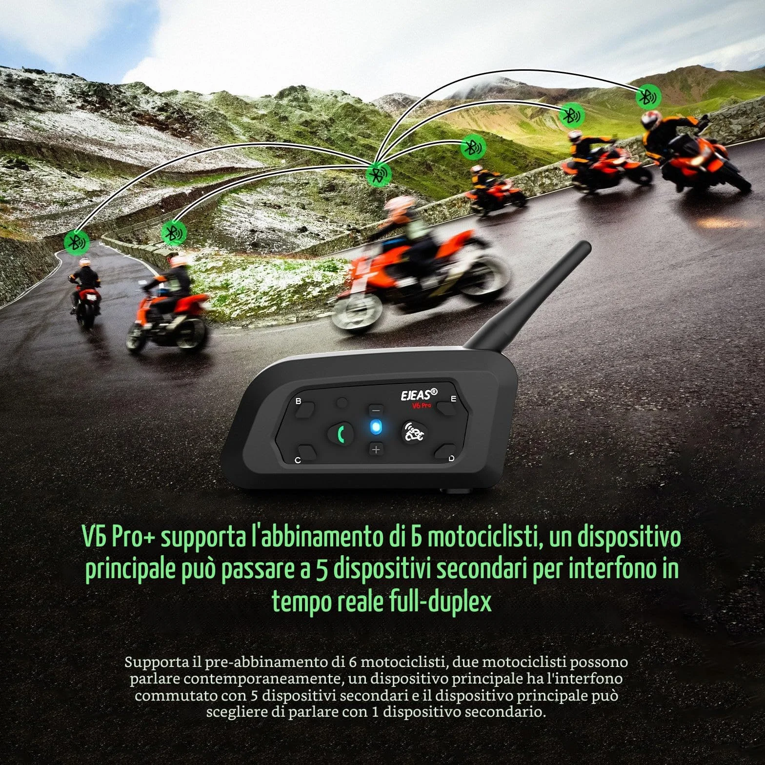EJEAS V6 Pro+ Interfono Bluetooth per Casco Moto, Sistema di Comunicazione Bluetooth 5.1, Interfaccia Tipo C, 2 Confezione