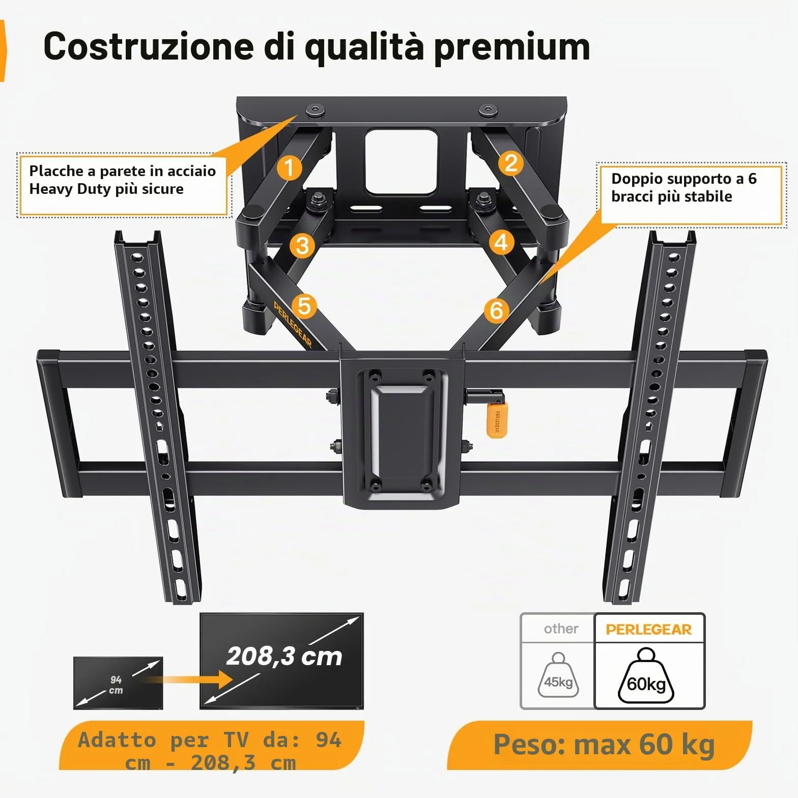 Perlegear Supporto TV Parete 37-82 Pollici Girevole Inclinabile Estendibile, Braccio Ultra Resistente 60kg VESA 200x100-600x400mm