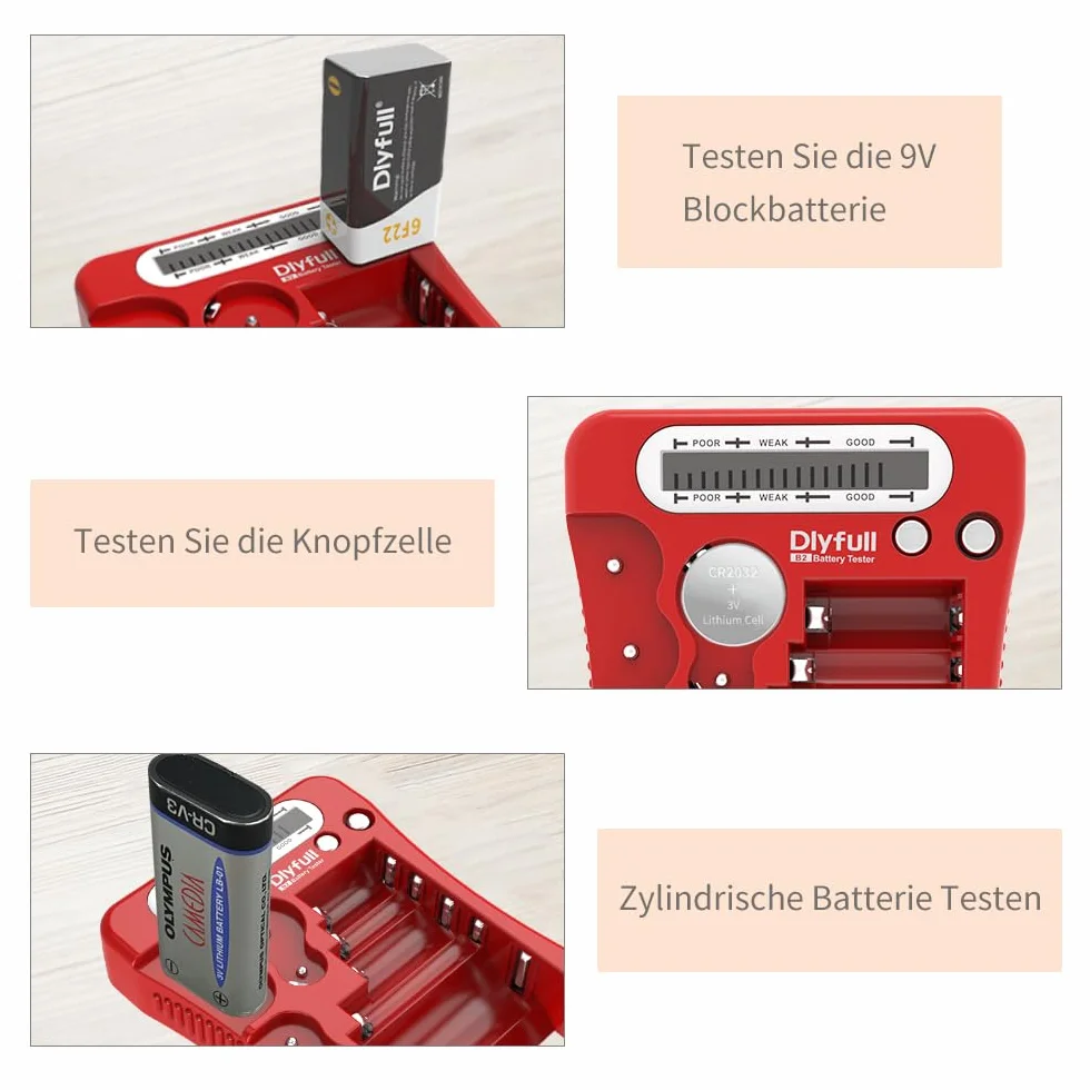 Dlyfull LCD Tester Batterie Universale per AA AAA C D 9V CR123A CR2 CRV3 2CR5 CRP2 Volt Checker Rosso