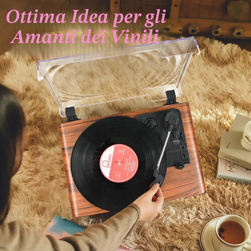 Udreamer Giradischi Bluetooth con Altoparlante, USB, AUX-in, Cuffie, RCA, Line-Out, 3 Velocità, Cinghia, Auto-Stop, Design Specchio, Arancione Giallo