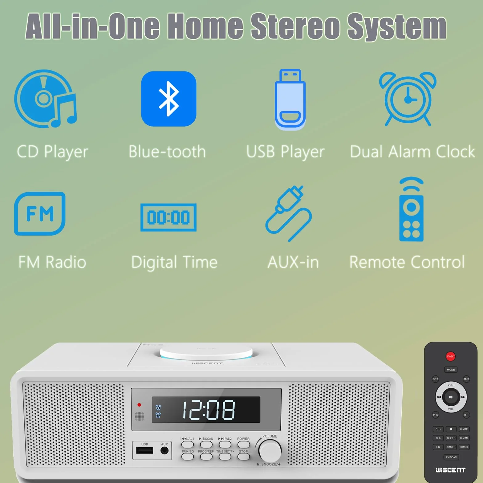 Radio Compatta con Lettore CD, Sistema Audio 20 W RMS, Bluetooth, USB, MP3, AUX, Sveglia Digitale