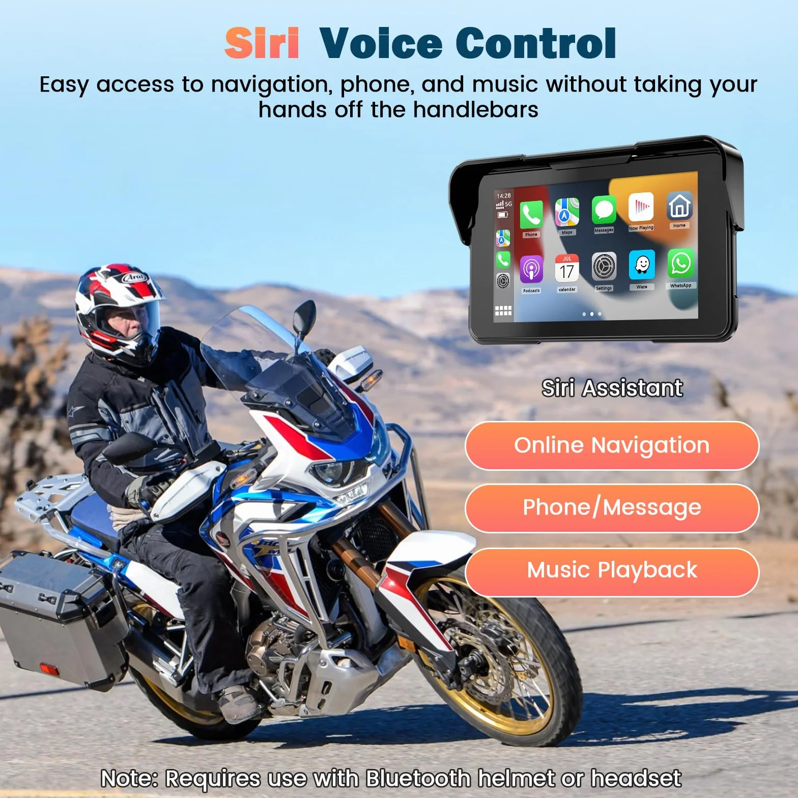 Navigatore Moto 5 Pollici Schermo Moto Carplay per Apple e Android Auto IP67 Impermeabile Touchscreen Bluetooth GPS