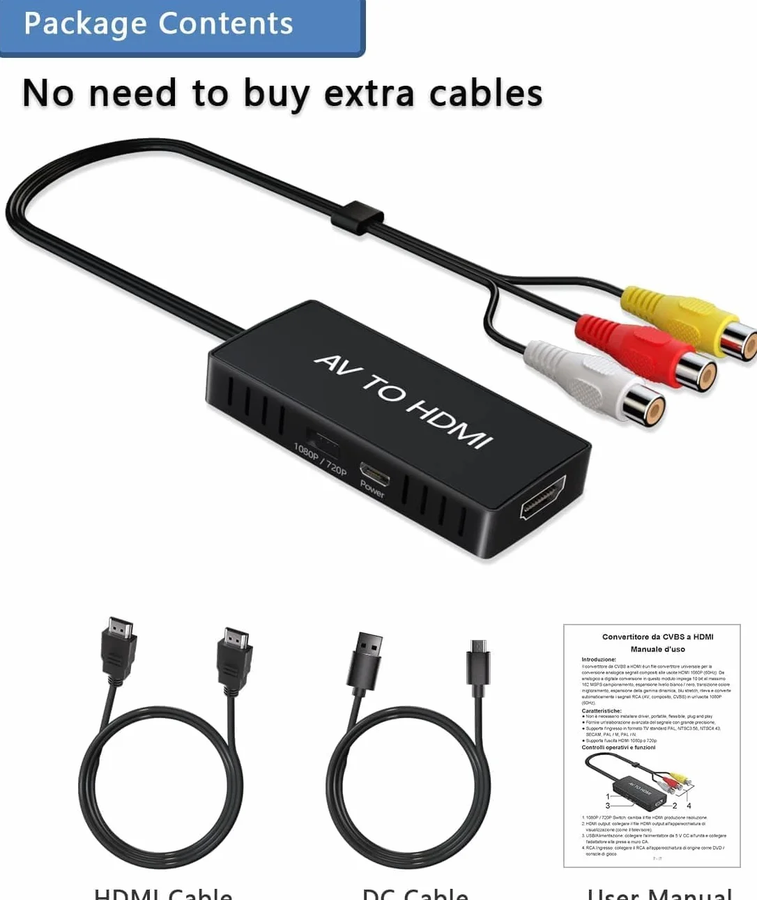 Convertitore RCA a HDMI, Adattatore AV Composito per Wii PS2 VHS VCR DVD Xbox N64, Supporto PAL/NTSC 720P/1080P