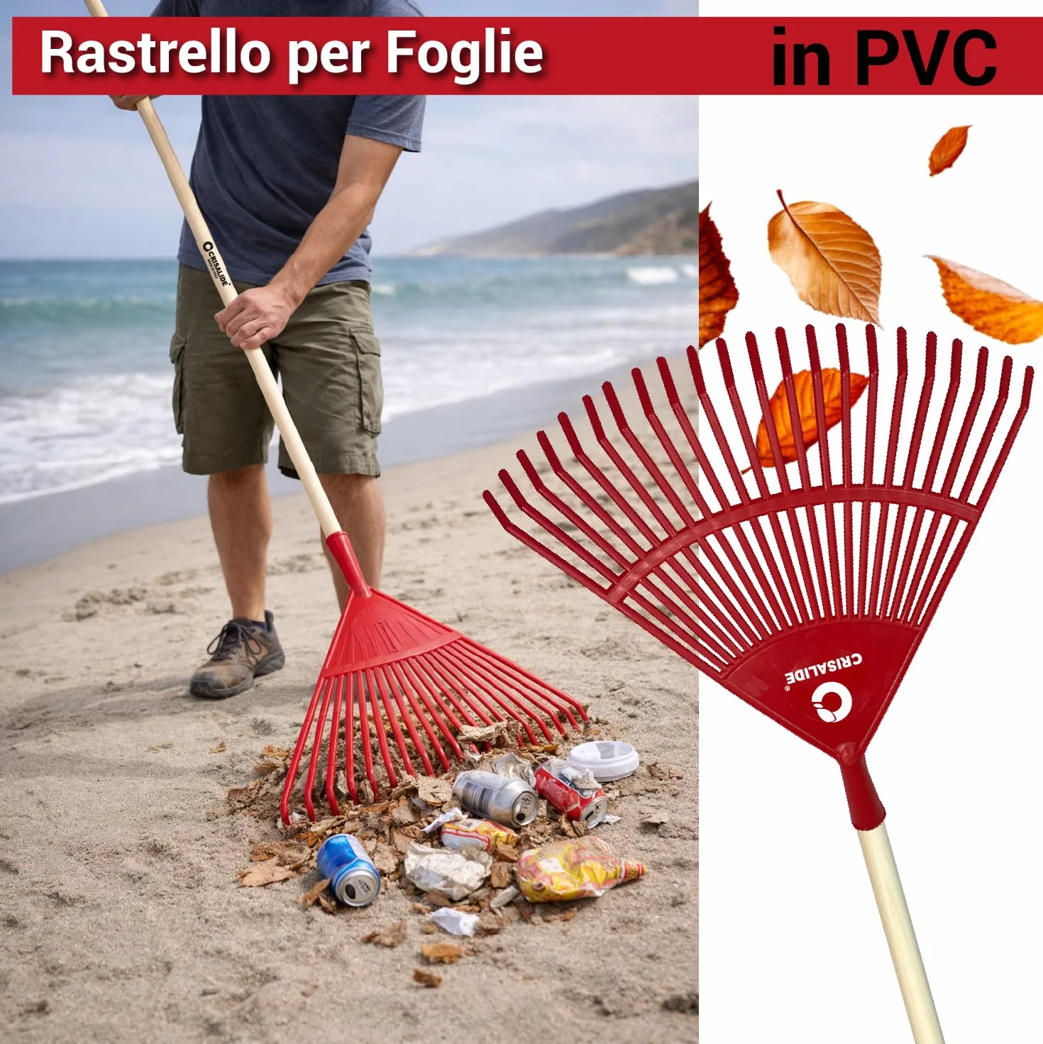 Crisalide®- Rastrello In PVC 22 Denti 40x40CM Con Barra Di Rinforzo, Completo Di Manico In Faggio 150CM, Ideale Per Foglie E Piccoli Detriti