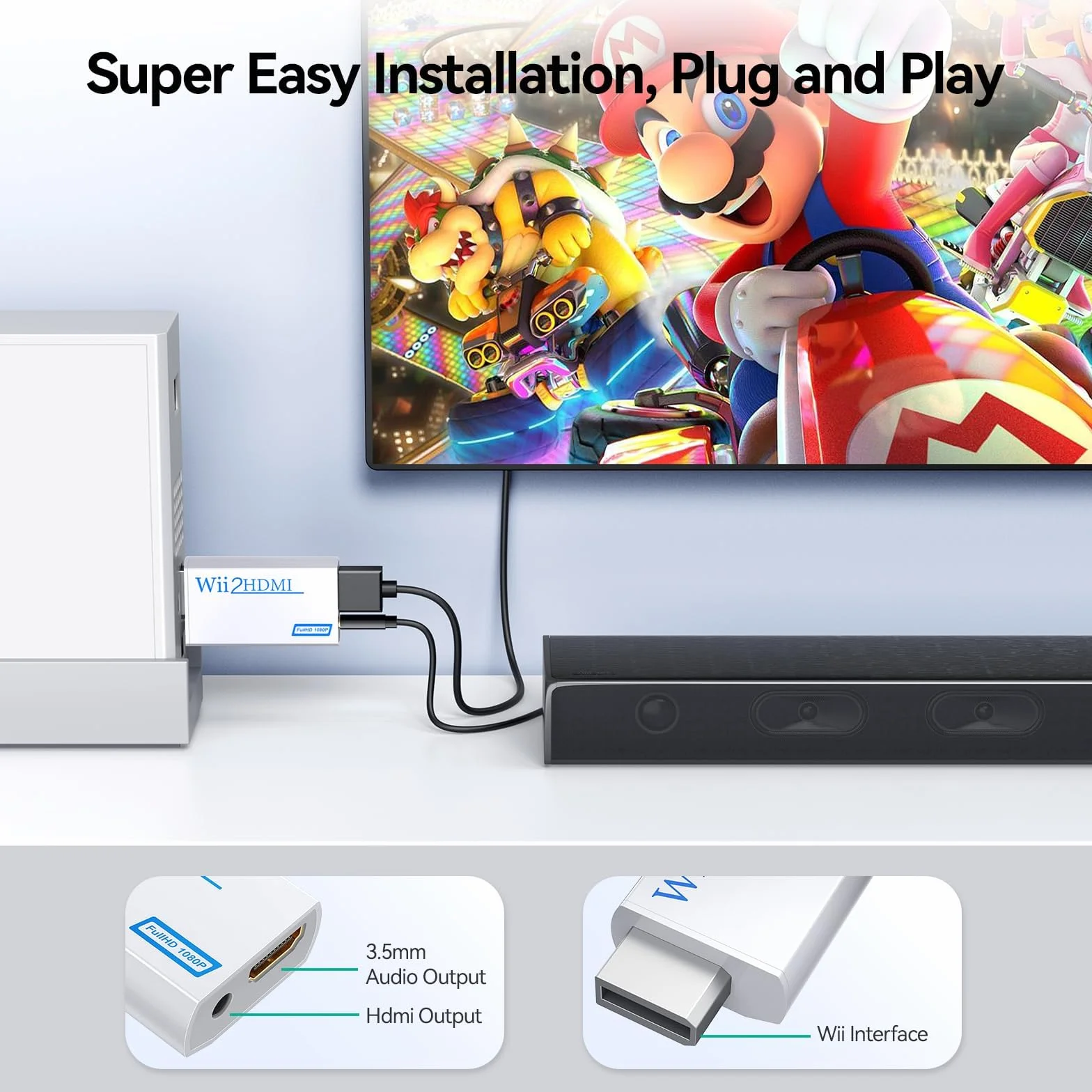 Convertitore da Wii a HDMI 1080p 720p, Adattatore Wii HDMI con Uscita Audio 3,5mm, Supporta Tutte le Modalità di Visualizzazione Wii, Bianco