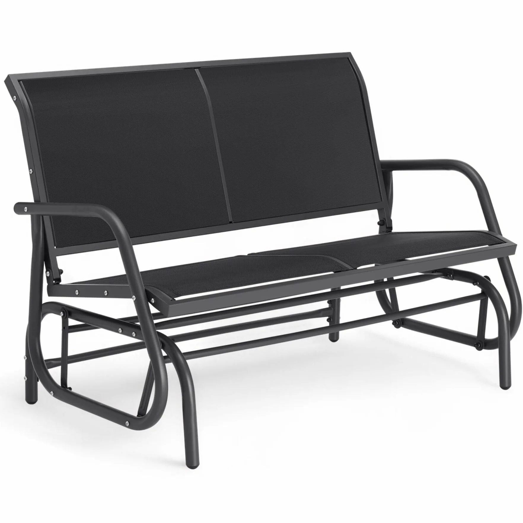tectake® Panca da Giardino con Meccanismo Basculante, Panchina da Esterno a Dondolo 2 Posti, Telaio in Acciaio Verniciato, Panca con Schienale, 121 x 72 x 86,5 cm - Nero
