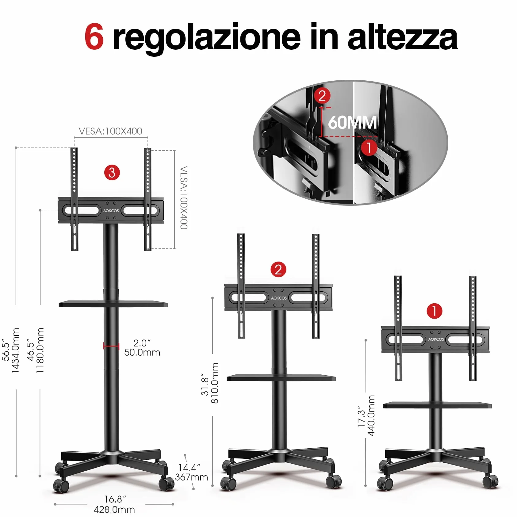 AOKCOS Supporto per TV da 32 a 65 pollici, carrello regolabile con ruote, VESA 400x400 mm, 40 kg, nero