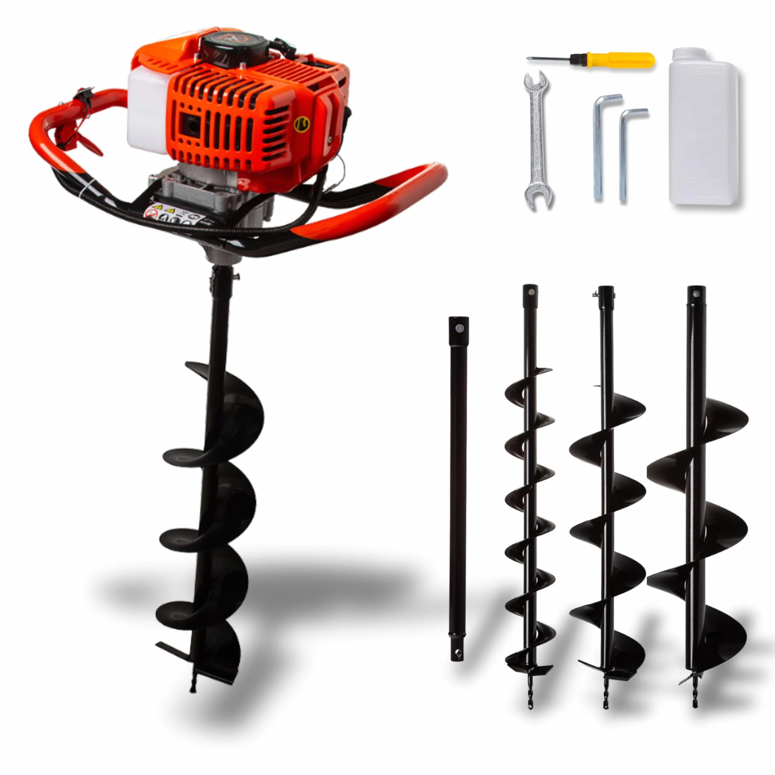 IMJ-Global - Trivella a Scoppio DEMON da 62cc - 5,2CV con Motore a 2 Tempi Miscela Benzina:Olio, Trivella per Terreno, da Giardino, Mototrivella a Scoppio Professionale com 3 Punte Ø100mm, 150mm 200mm