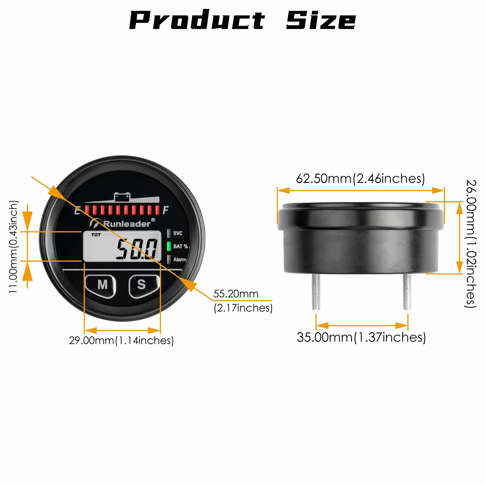 Indicatore del Livello di Carica della Batteria 12V 24V 36V 48V Contaore Misuratore di Tensione per Batterie al Piombo Gel LiFeO4 AGM