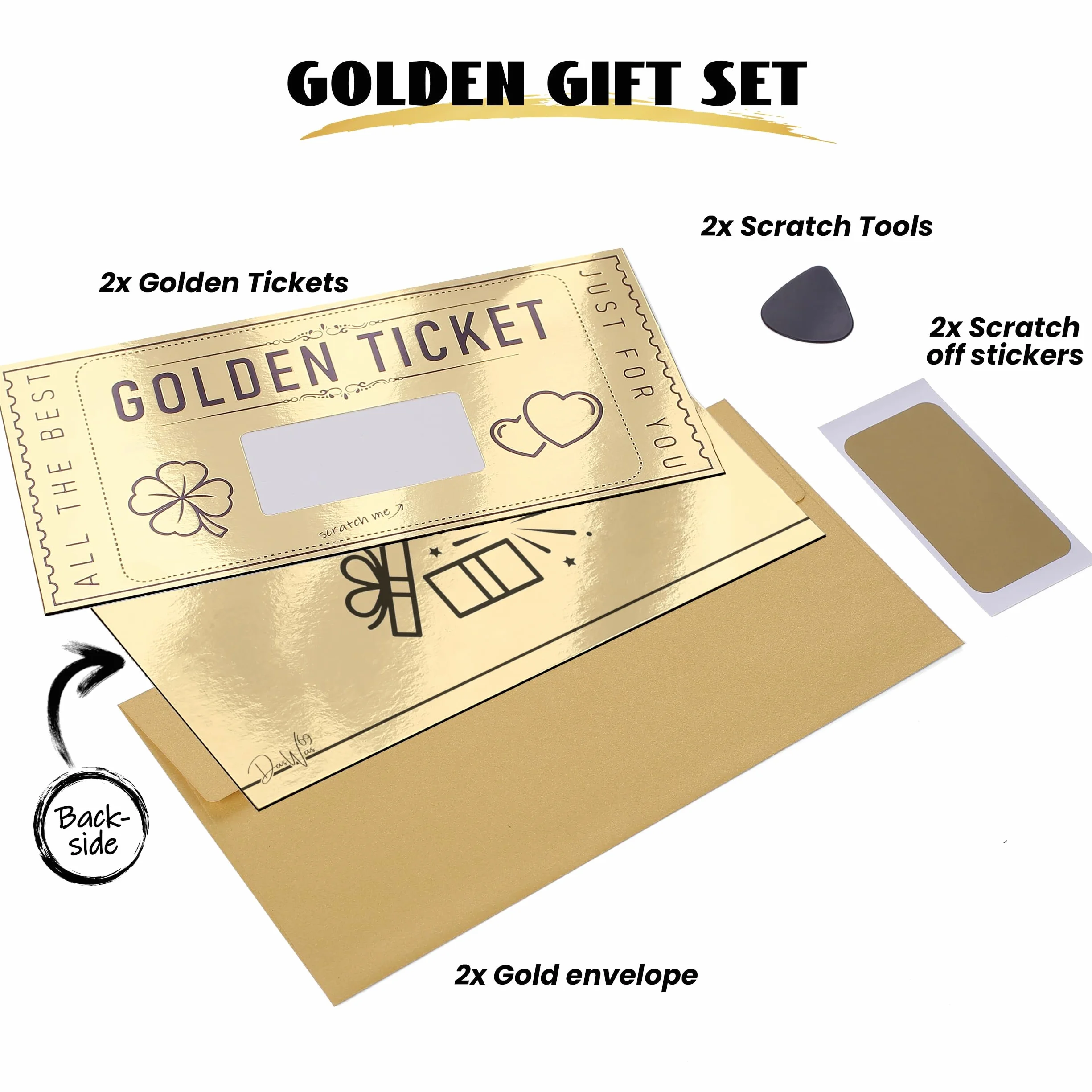DasWas 2 Biglietti D'oro Voucher, Buoni Regalo da Grattare, Regalo Personalizzato in Busta Scintillante