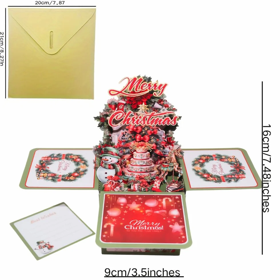 Biglietto Auguri Natale Pop-Up 3D con Albero e Pupazzo di Neve, Busta Inclusa