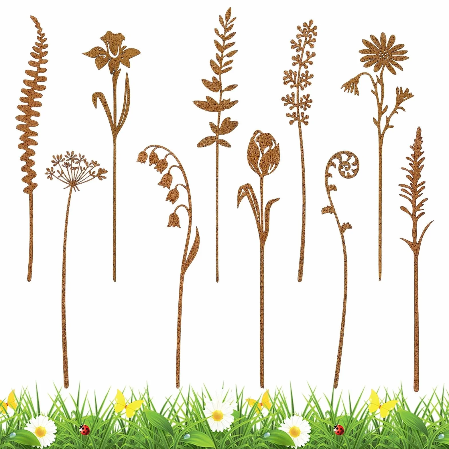 Set di 10 decorazioni da giardino in metallo per piante, decorazione da giardino, decorazione in ruggine, per prati, cortili, balconi