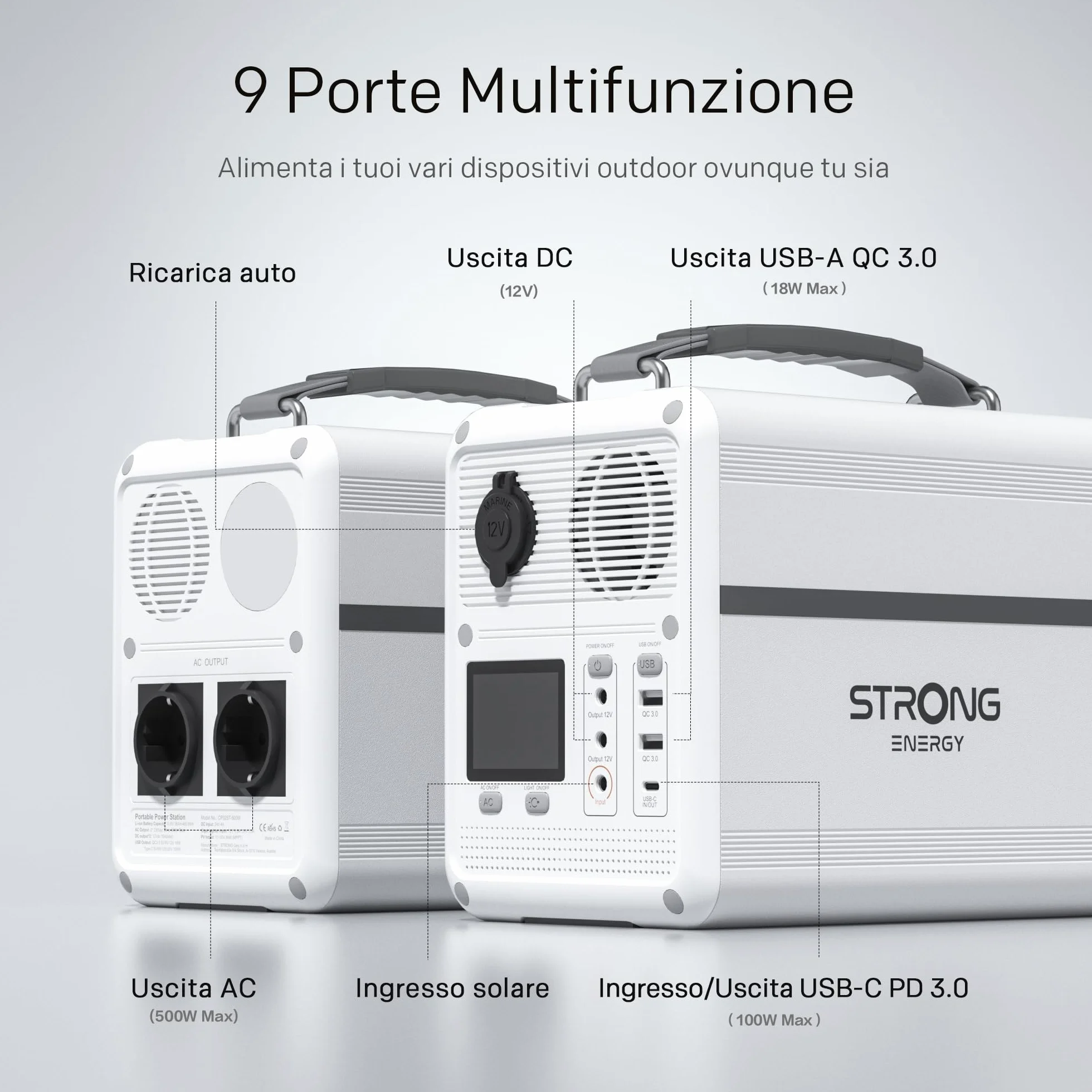 STRONG P500 Stazione Elettrica Portatile, Batteria LFP 460,8Wh, Generatore Solare 500W Peak, Ricarica Solare/DC/Auto, Tecnologia MPPT, Protezione BMS, QC3.0+PD100W per Campeggio, Viaggi ed Emergenze