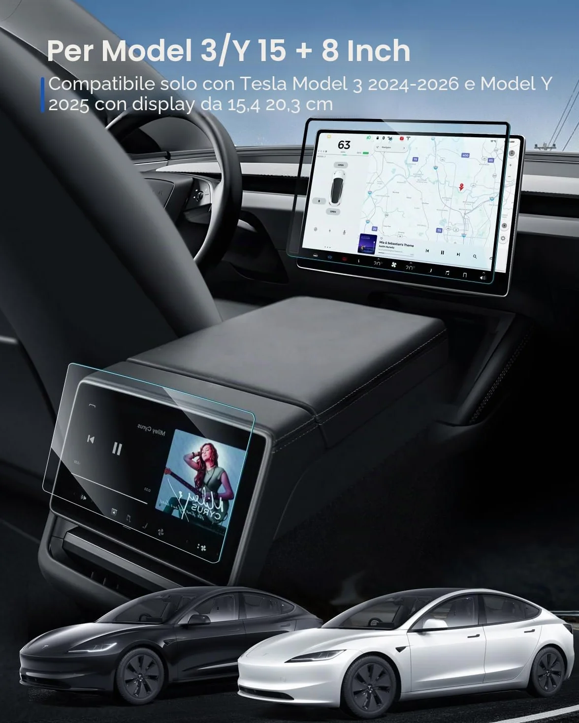 Pellicola Protettiva Vetro Temperato 9H per Tesla Model 3 2024-2026 Model Y 2025 15,4" 8" Display Posteriore Antiriflesso Anti-Impronte