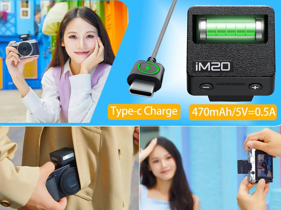 Godox iM20 Mini Flash Manuale per Fotocamera, 5 Livelli di Uscita, 440 Lampi a Piena Potenza, Ricarica USB-C