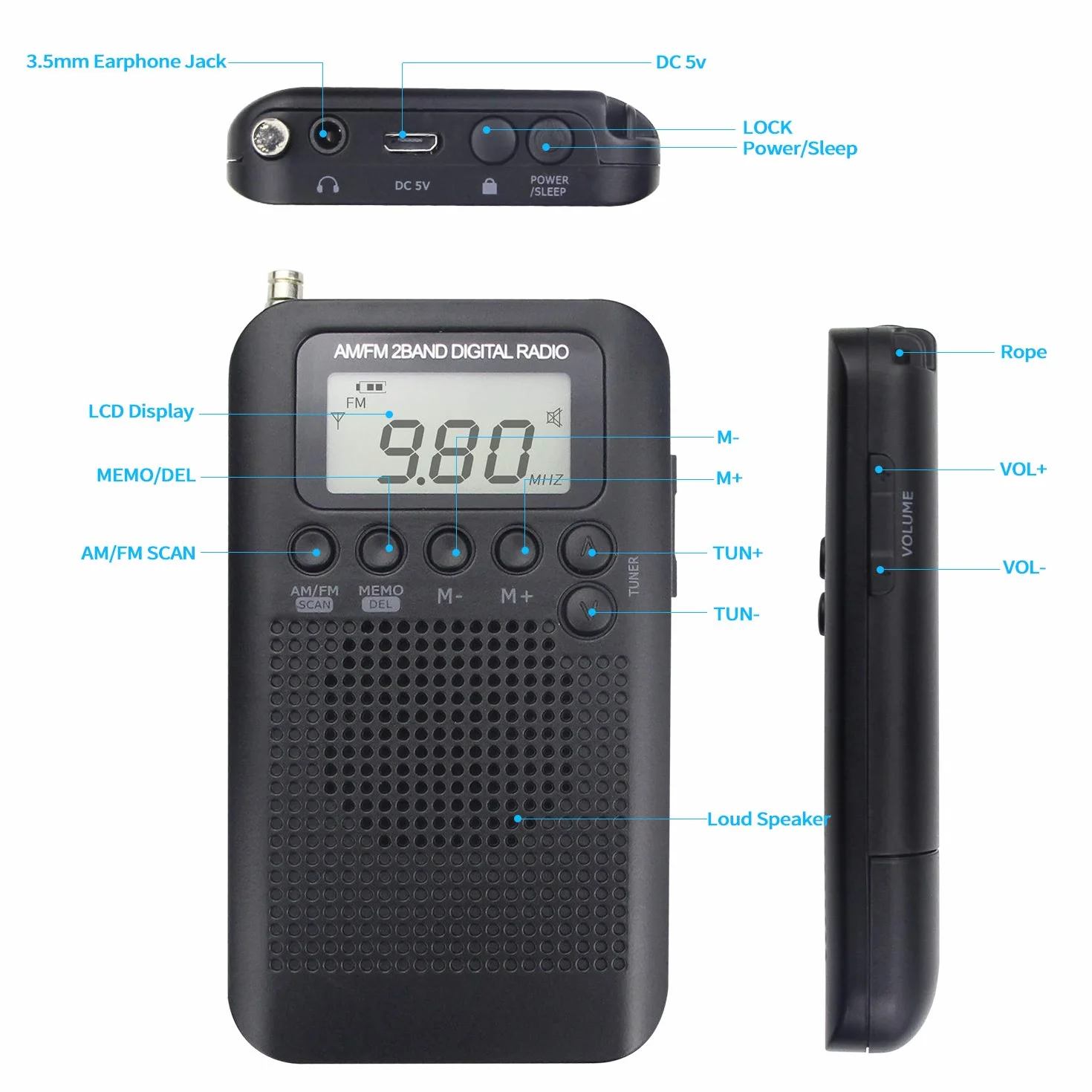 Mini Radio Tascabile AM/FM Portatile Digitale con Altoparlante Trasparente Lettore Musicale Sveglia Timer Auricolare