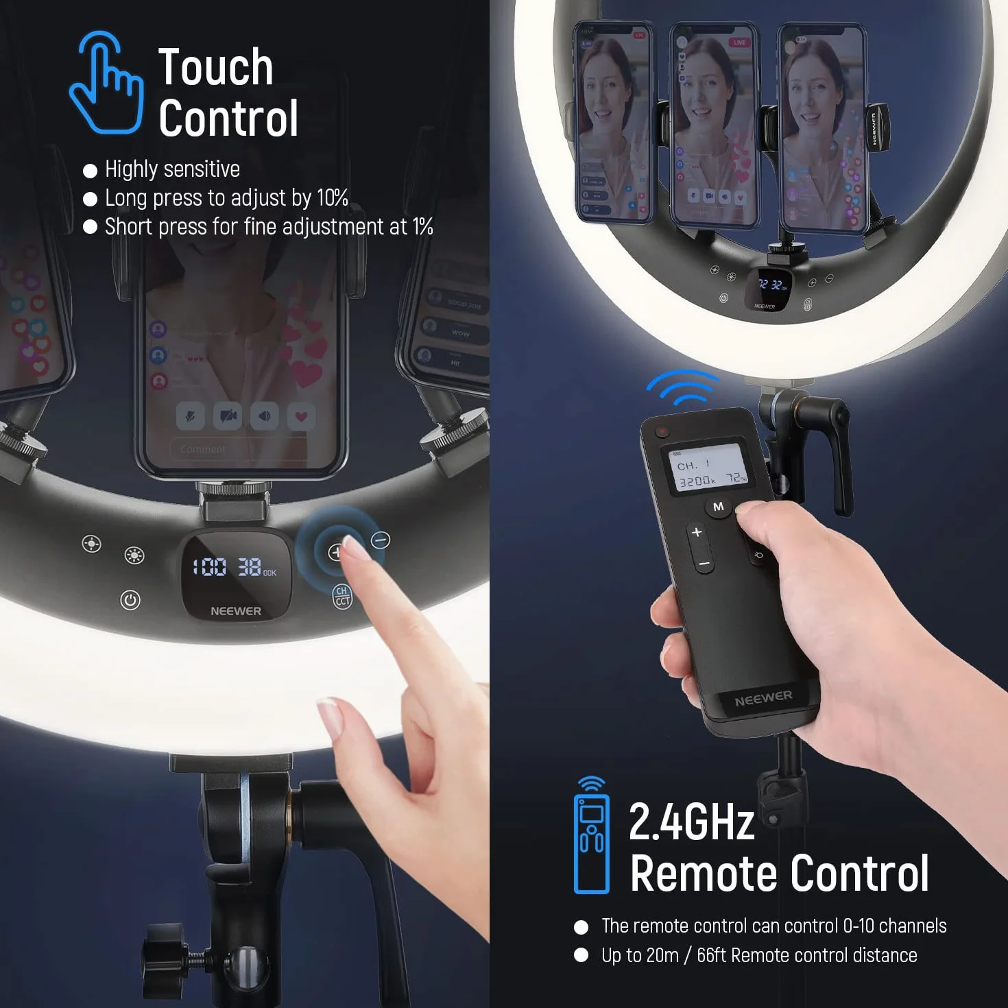NEEWER Ring Light RP19H 19" 42W CRI97+ 2540lux, Stativo e Portatelefono, Controllo 2.4G Touch, Illuminazione Streaming Zoom
