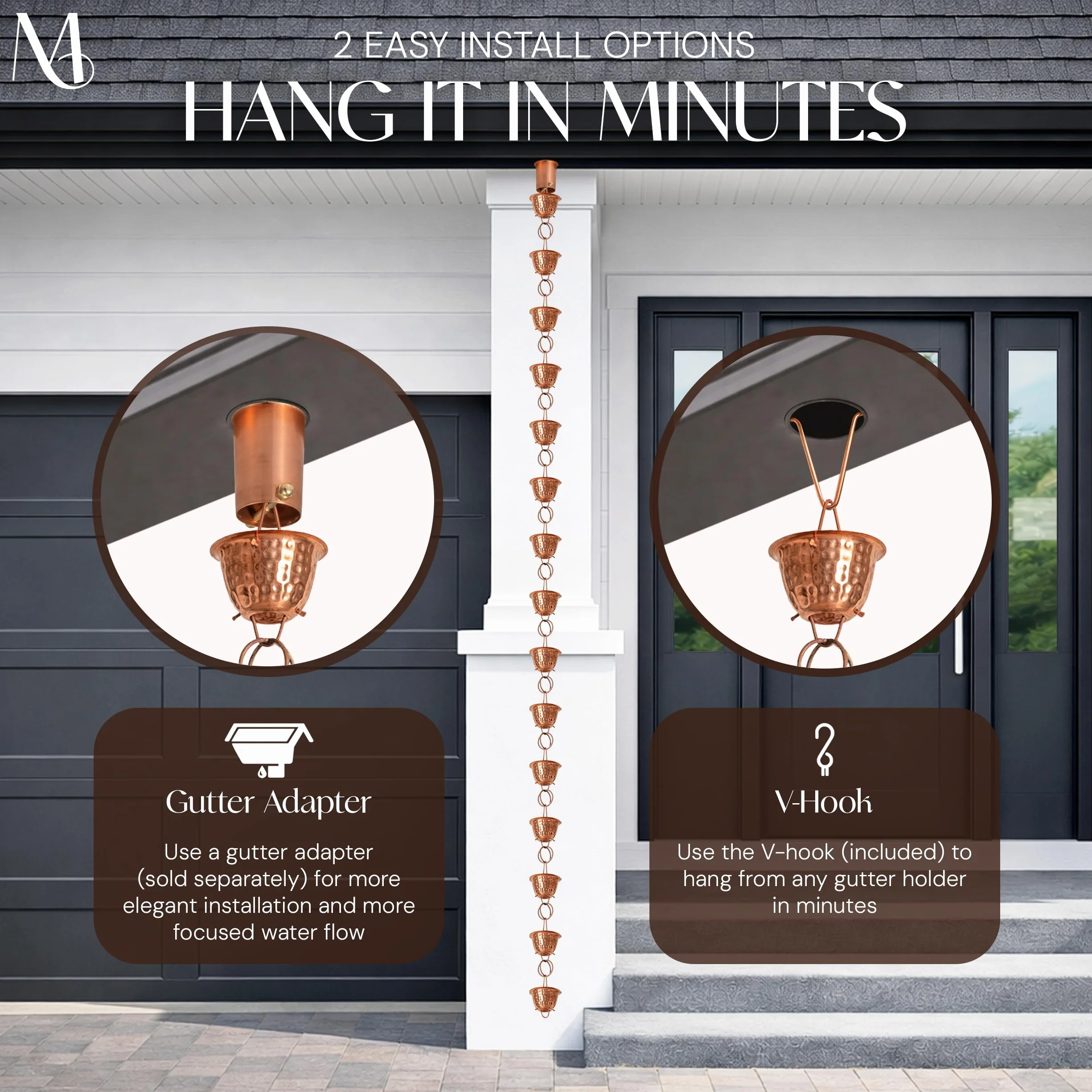 Monarch Pure Copper Hammered Cup Rain Chain 8.5 ft Replacement Downspout for Gutters