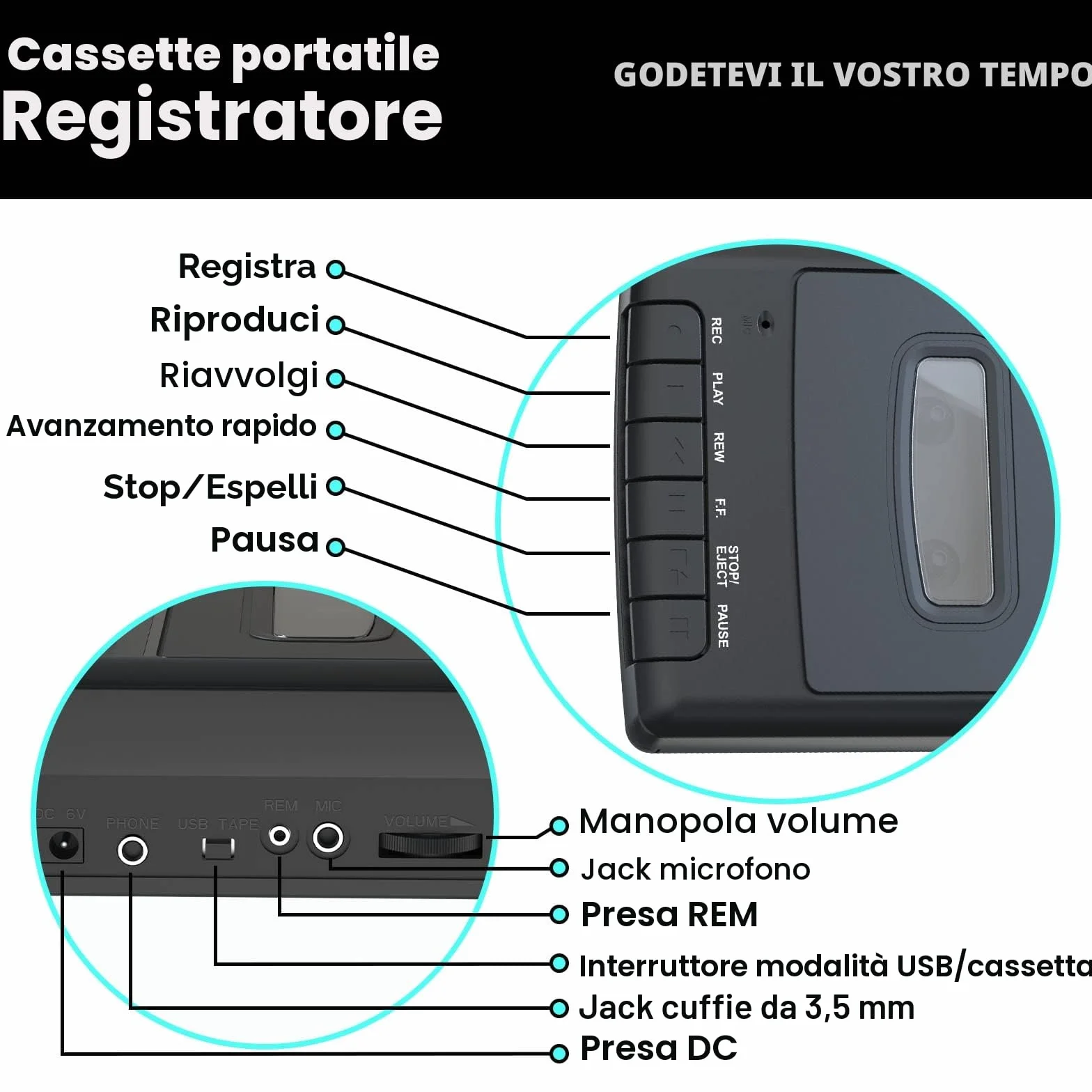 Reproductor Cassette Portatile Lettore Audio Registratore Digitalizza su USB con Maniglia