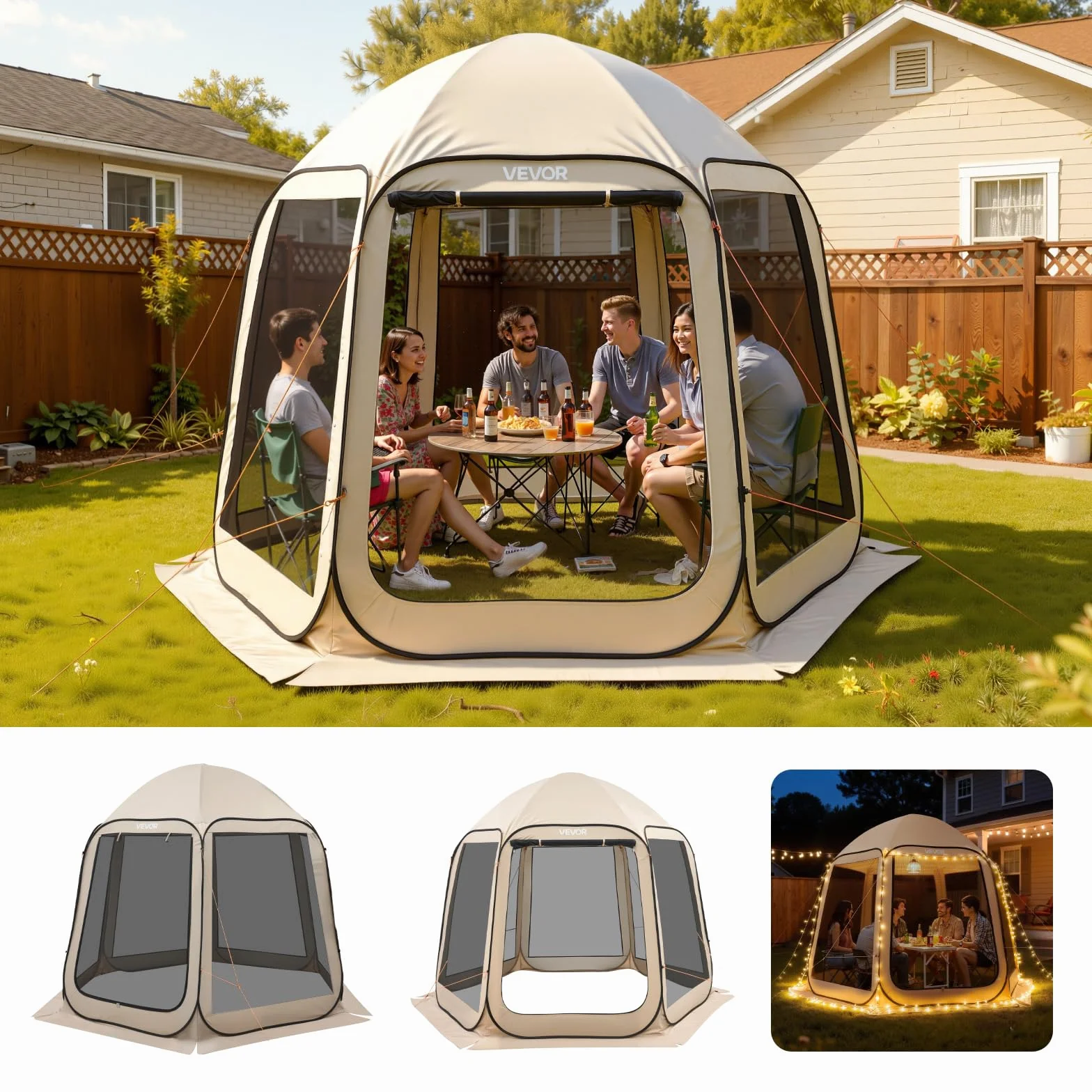 VEVOR Tenda da campeggio con zanzariera, 10 x 9 piedi, tenda pieghevole per 4-8 persone, tenda da campeggio con borsa per il trasporto, lati in rete, picchetti da terra per giardino, cortile