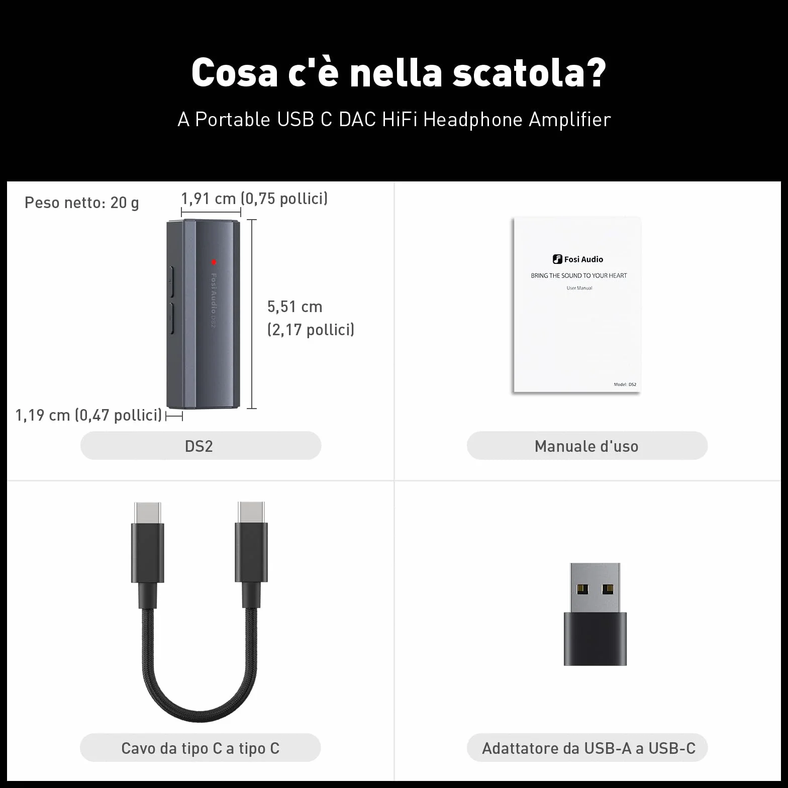 Fosi Audio DS2 DAC Amplificatore Cuffie USB C Hi-Res 32bit/384kHz DSD256 Uscite Doppie 4,4 + 3,5 MM Portatile 16-300Ω Doppio Chip CS43131