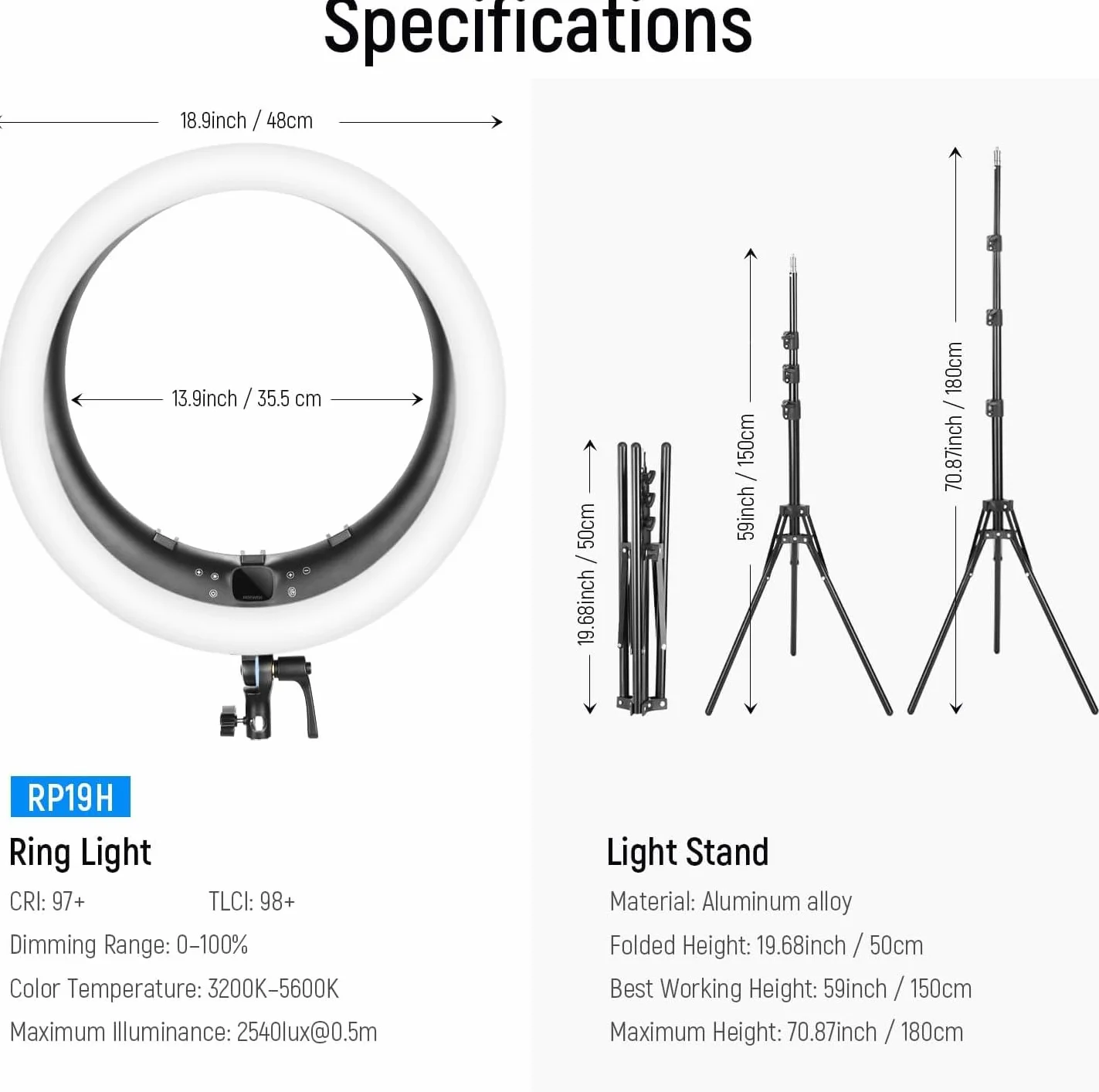 Neewer 19" Ring Light Luce ad Anello con Stand 3200K-5600K per Selfie Streaming Zoom RP19H