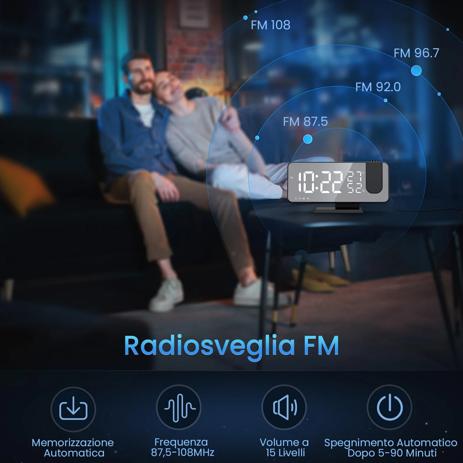 Sveglia Digitale da Comodino con Proiettore, FM Radio, USB Doppi, 3 Livelli Luminosità, Snooze, 15 Livelli Volume, 12/24h