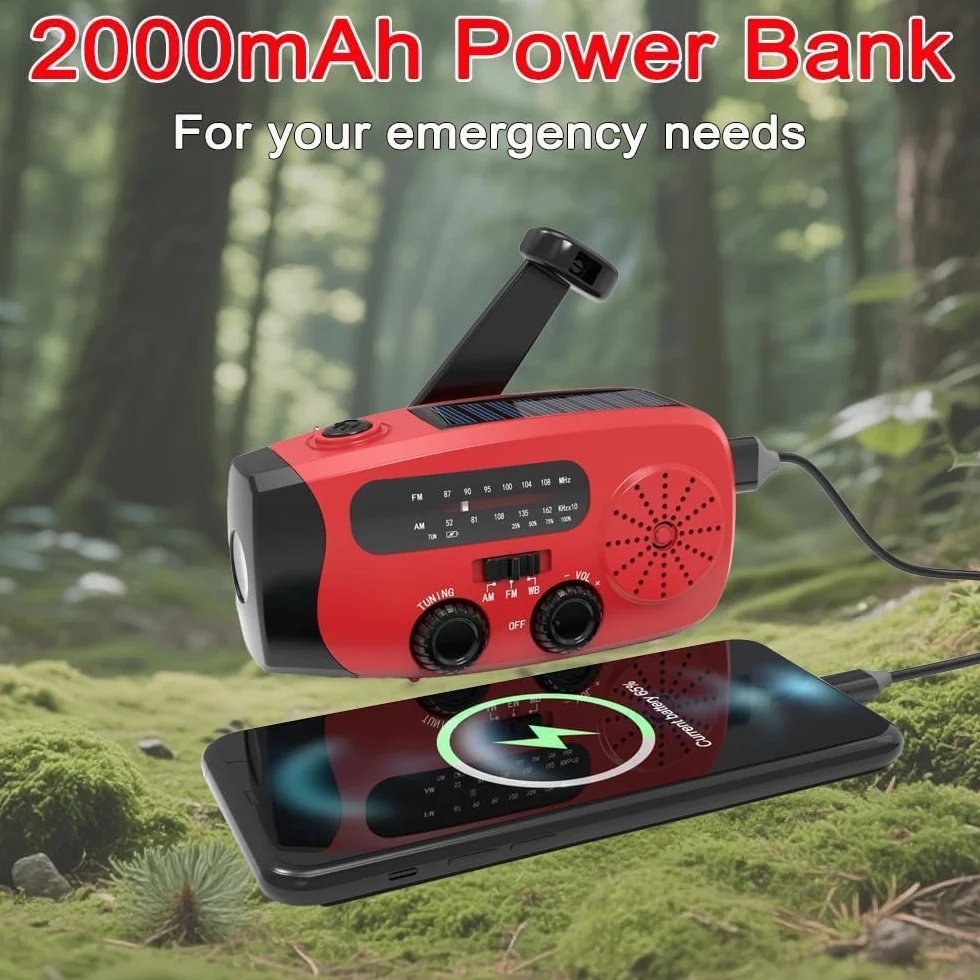 Radio Solare a Carica Manuale AM/FM Portatile con Torcia LED e Power Bank 2000mAh