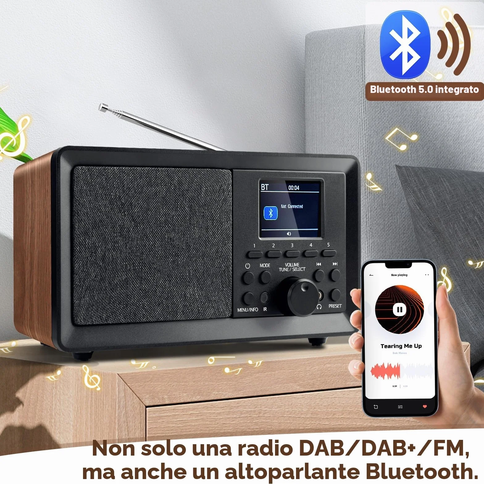 Radio DAB+/FM Bluetooth Telecomando Legno Retrò Cucina Sveglia Doppio Allarme USB AUX