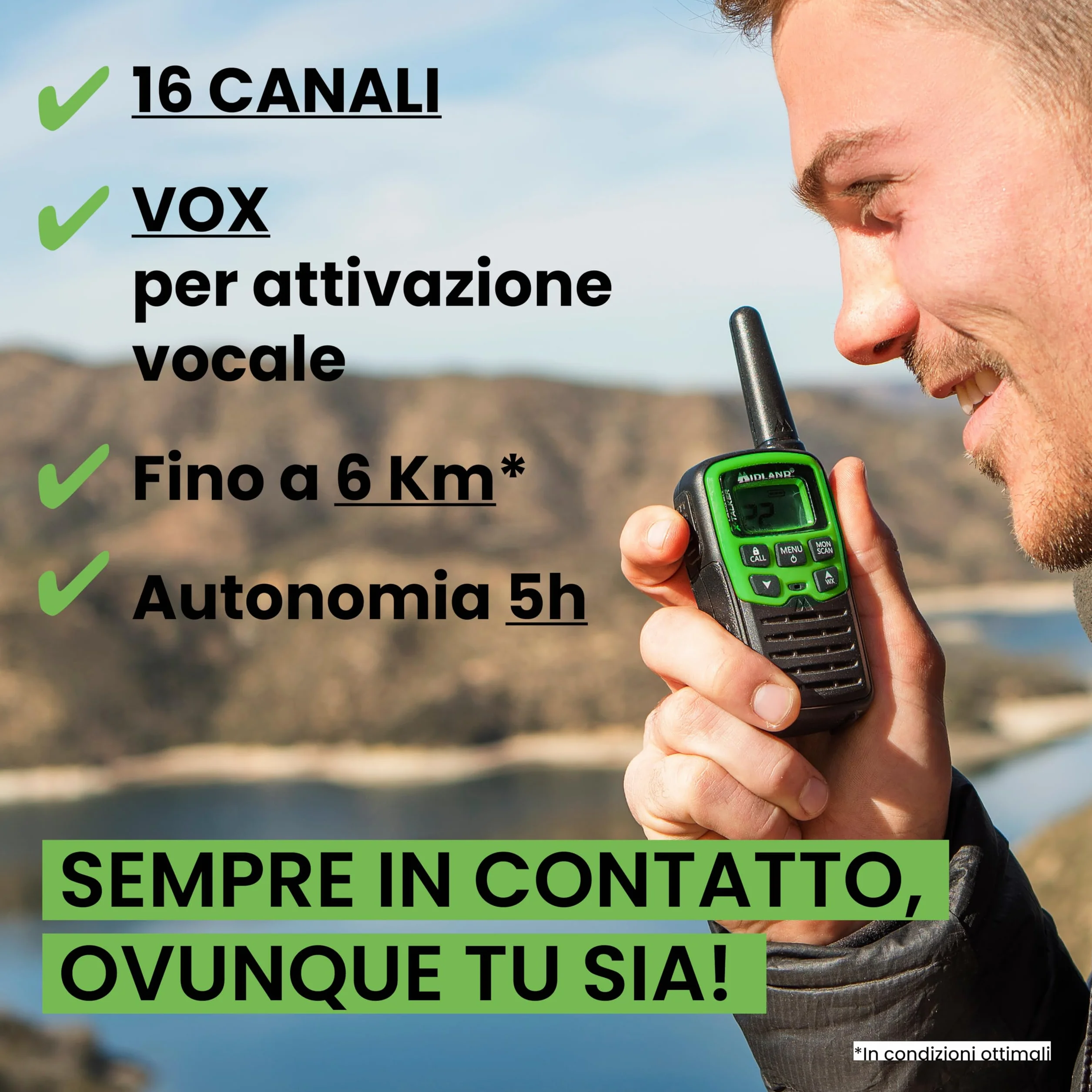 Midland XT30 Walkie Talkie Ricaricabili USB 16 Canali PMR446 5H 6km 38 Toni CTCSS VOX
