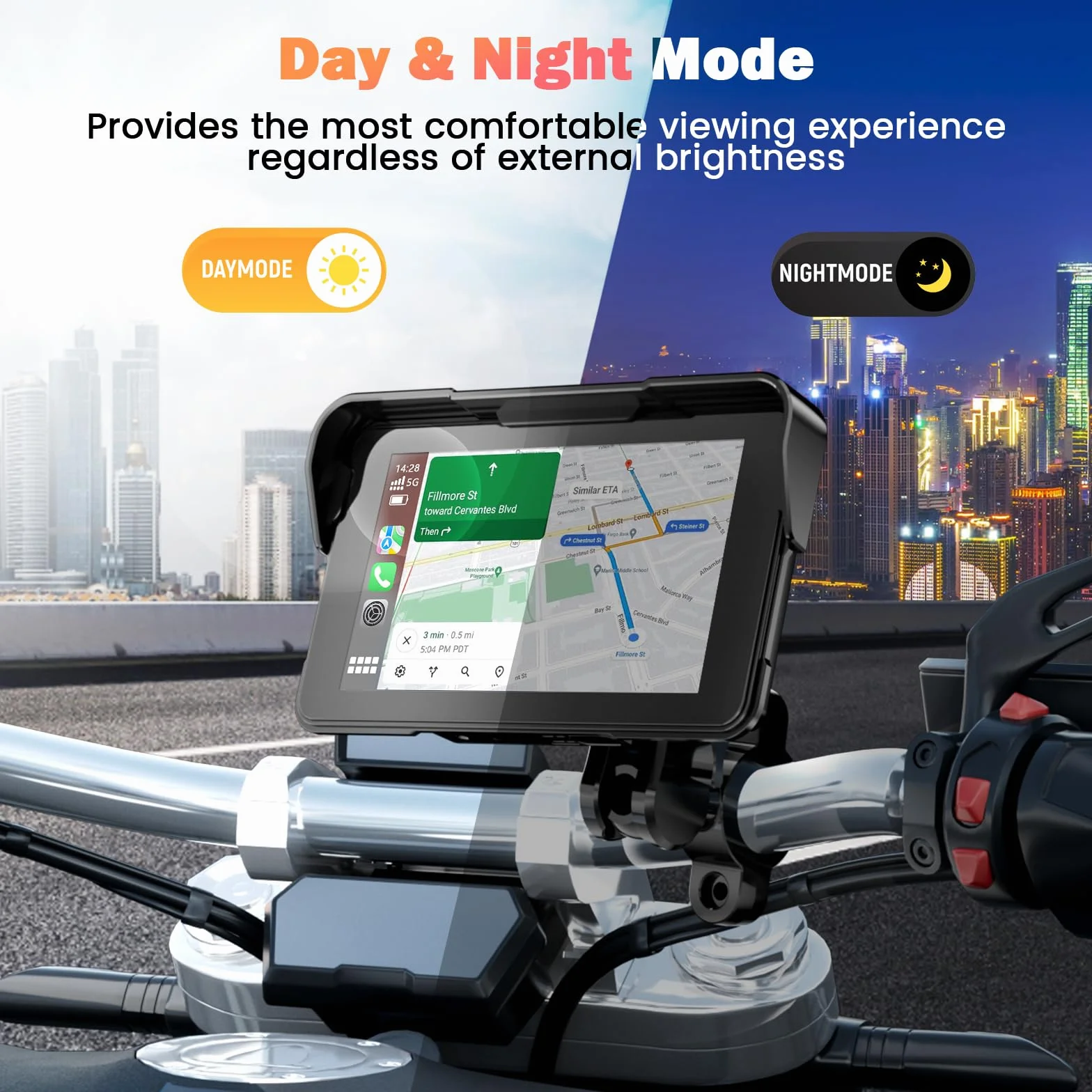 Navigatore Moto 5 Pollici Schermo Moto Carplay per Apple e Android Auto IP67 Impermeabile Touchscreen Bluetooth GPS