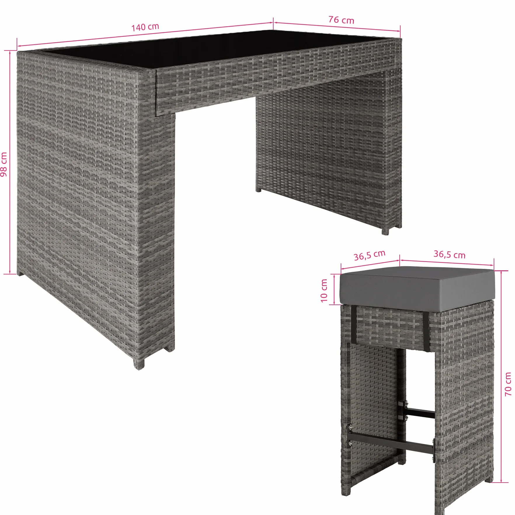 tectake® Set Tavolo e Sgabelli da Bar in Polyrattan Ibiza, Set da Bar 7 Pezzi, 1 Tavolo con Lastra in Vetro, 6 Sgabelli, Comodi Cuscini, Involucro Protettivo Incluso - Grigio