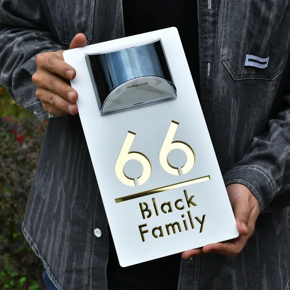 Targa personalizzata con luce a LED solare per esterni, numero civico 3D, tagliata al laser, galleggiante per porta di indirizzi residenziali, in acrilico impermeabile (18 x 32 cm)