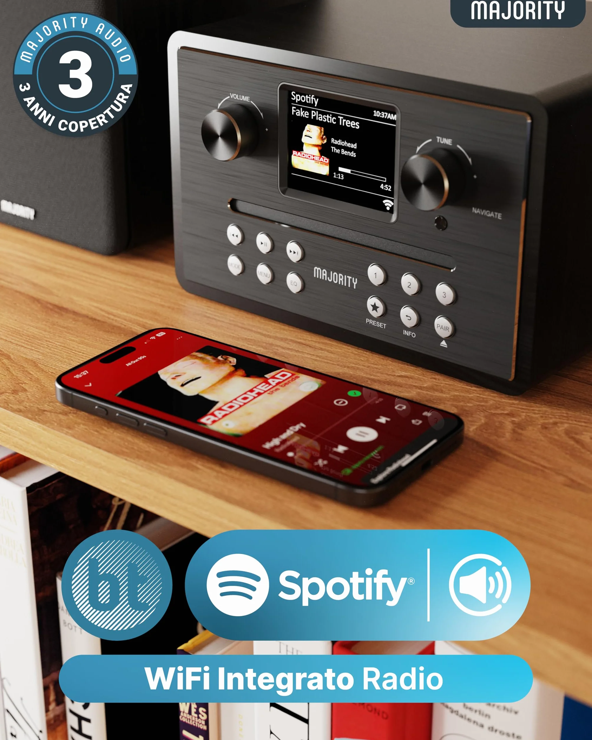 MAJORITY Homerton HiFi Impianto Stereo Casa Radio DAB/DAB+ FM Internet Radio Lettore CD Bluetooth 5.3 WiFi Dual Band Spotify Connect